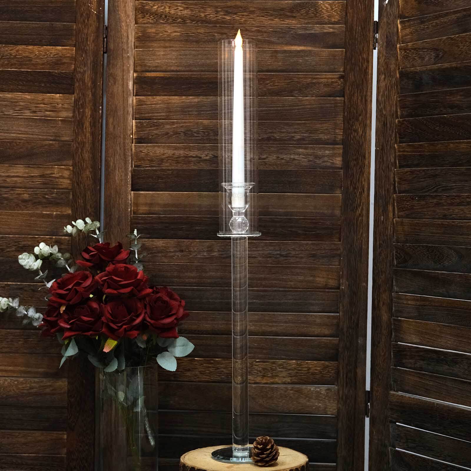 2-Pack Crystal Glass Hurricane Taper Candle Holders, Tall Decorative Candle Stands Clear Cylinder Chimney Tubes 26"