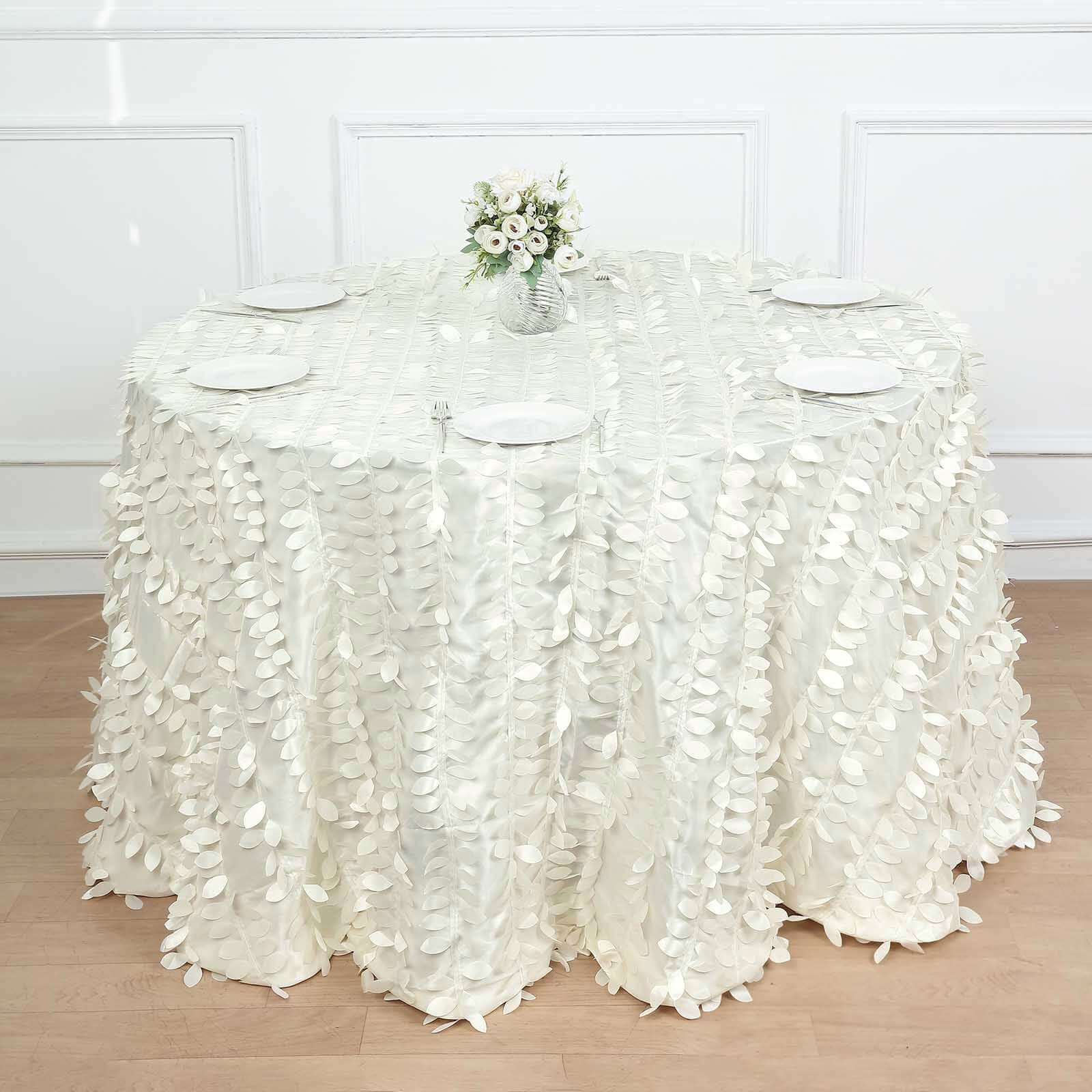 Taffeta 120" Round Tablecloth Ivory Leaf | 3D Leaf Petal Design Seamless Table Cover