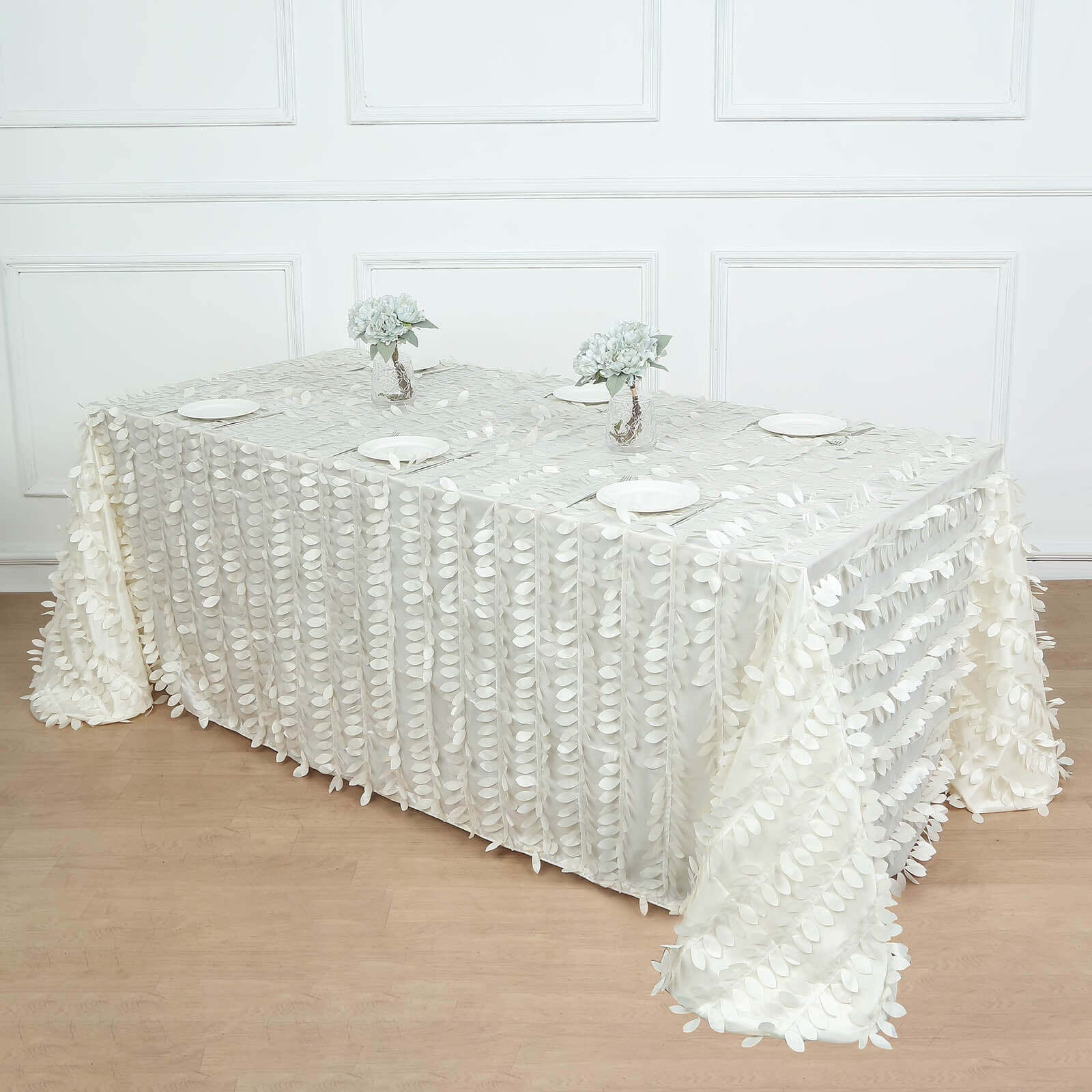 Taffeta 90"x132" Rectangle Tablecloth Ivory | 3D Leaf Petal Design Seamless Table Cover