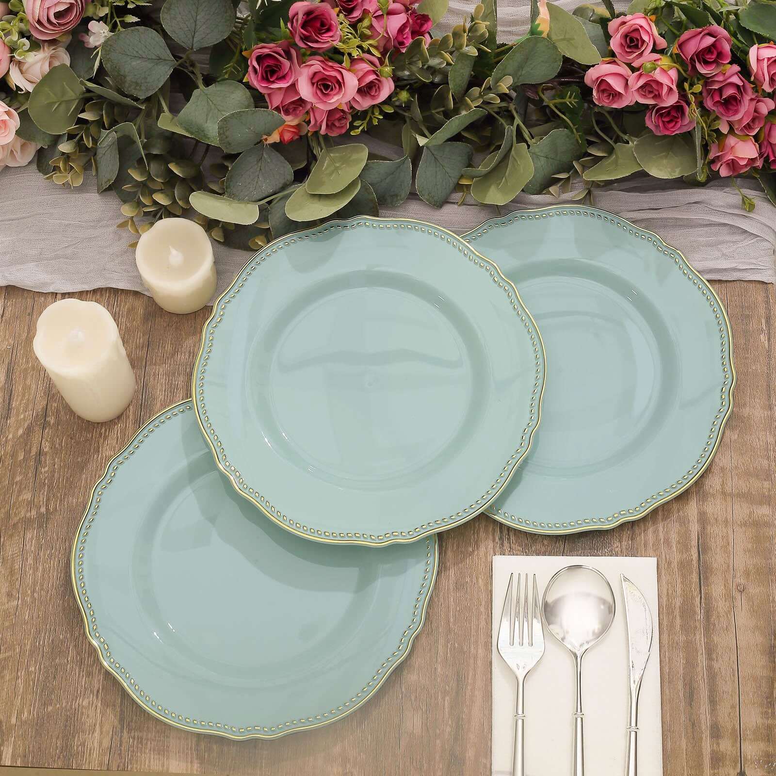 10-Pack Plastic Dinner Plates in Jade with Gold Scalloped Rim - Disposable Party Plates 9"