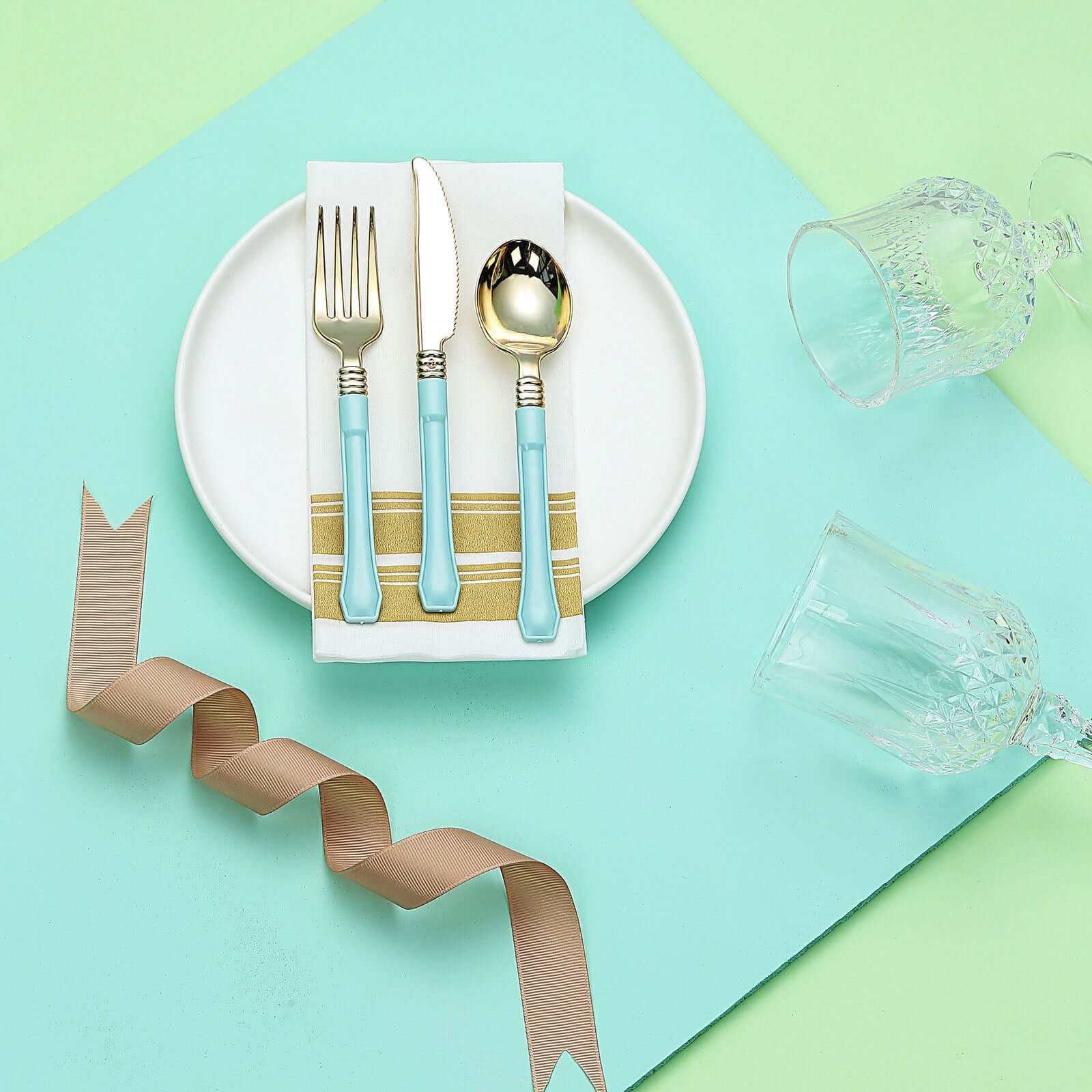 24-Pack Plastic Spoons with Light Blue Handle Gold - Heavy Duty Disposable Silverware 7"