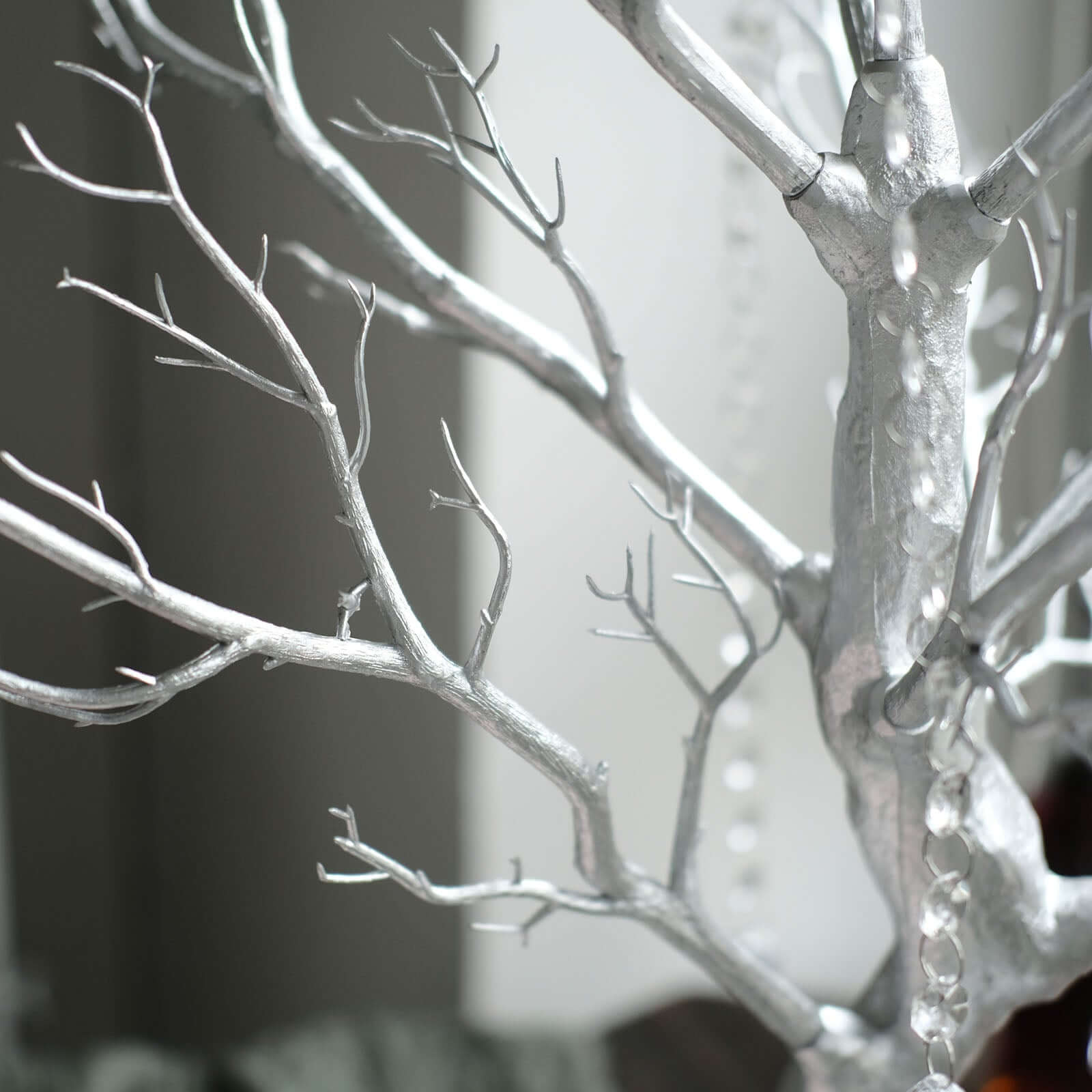 Manzanita Tree Centerpiece Metallic SIlver with 8 Acrylic Bead Chains - Easy Assembly Decorative Artificial Tree for Modern Weddings Parties & Event Displays 34"