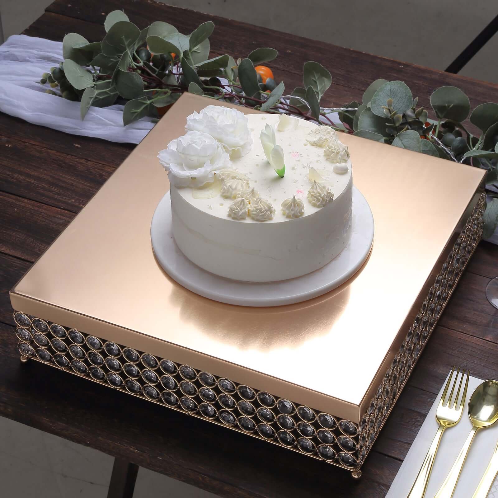 Metal Cake Stand Square Design with Crystal Beads Gold - Dessert Pedestal for Events 16"