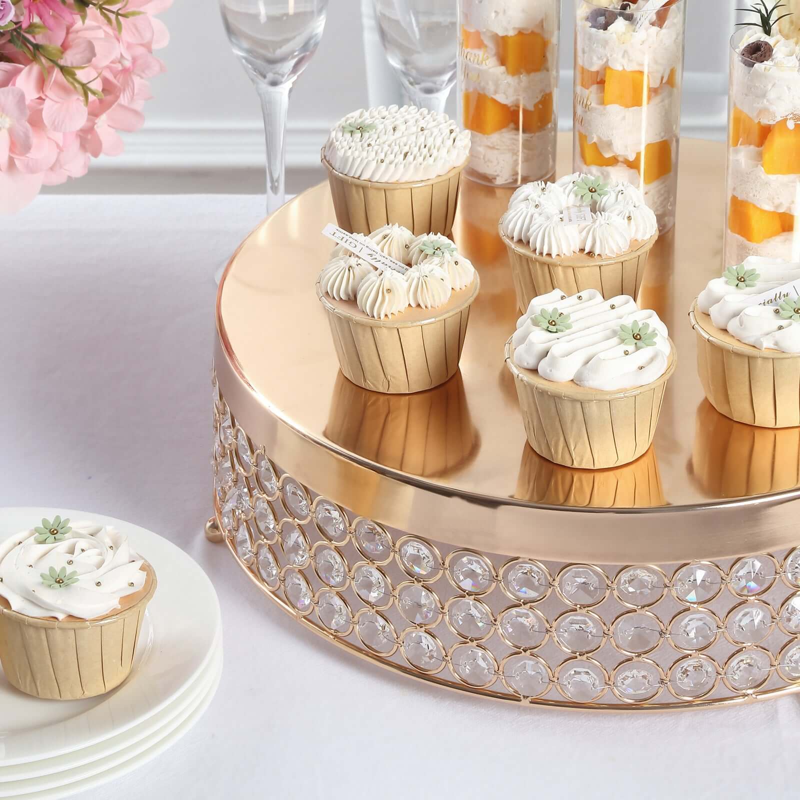 Metal Cake Stand Pedestal Crystal Beaded Design Gold - Cupcake Display and Dessert Riser 13"