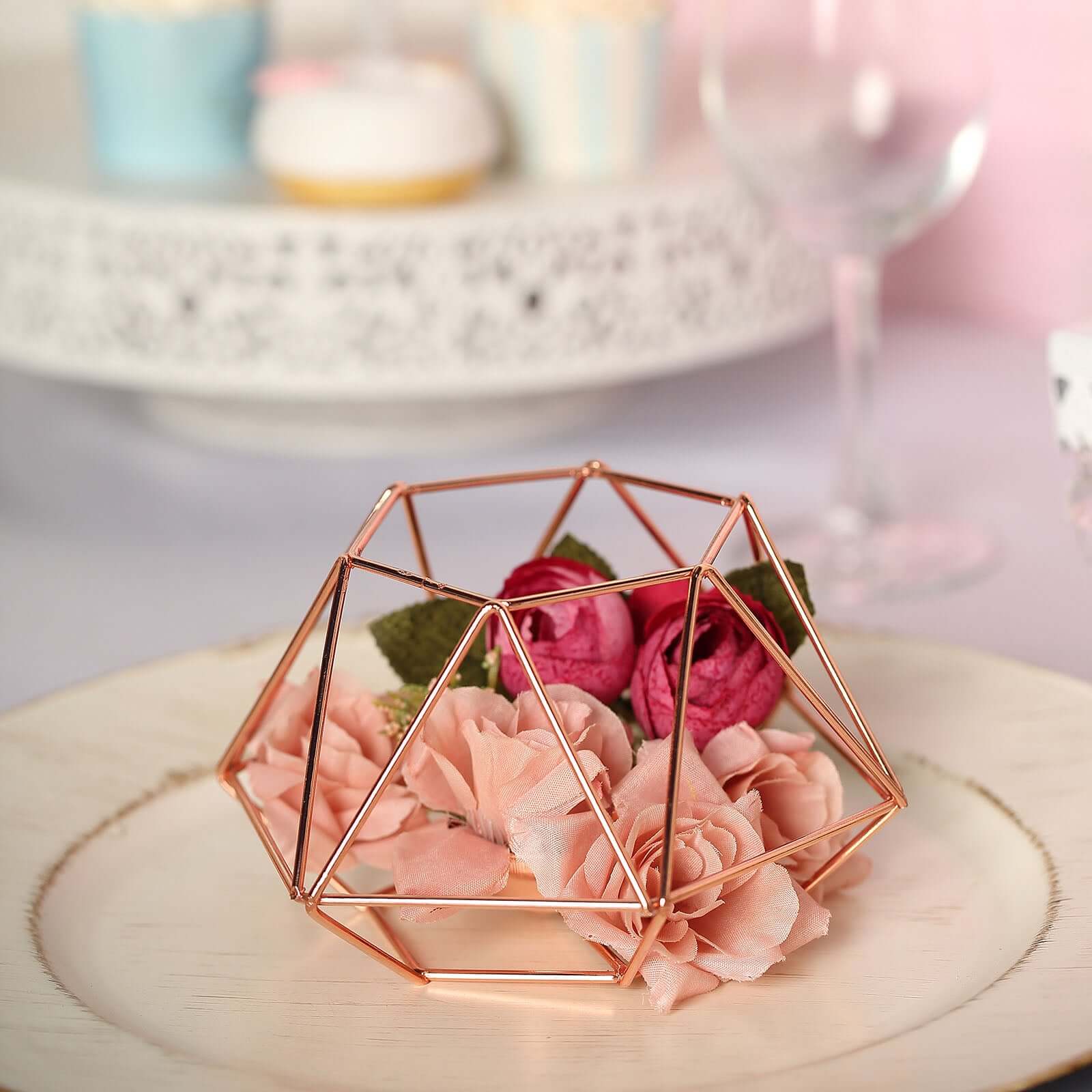 Set of 2 Candle Holders Metal Hexagon Geometric Design Rose Gold - Modern Decorative Centerpieces for Tables 4"x3"