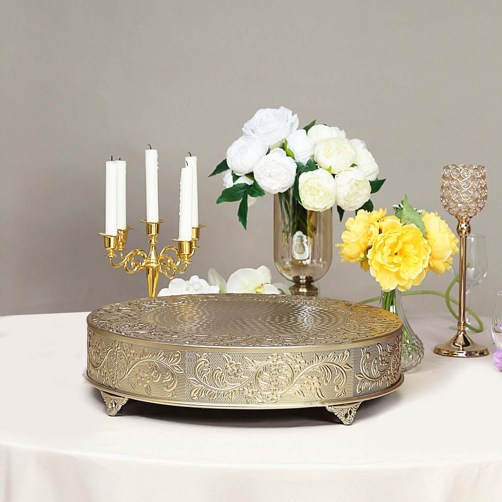 Metal 22" Round Cake Pedestal Stand Matte Gold - Cupcake Dessert Display Riser with Intricate Embossed Design for Upscale Events & Gatherings