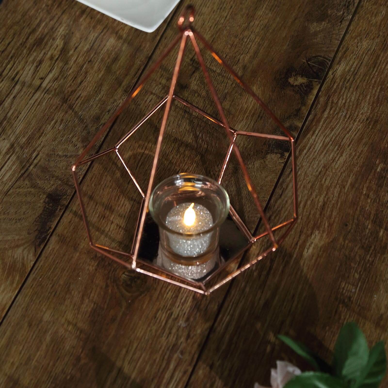 2-Pack Tealight Candle Holders Rose Gold Metal Pentagon Geometric Open Frame - Flower Stand 9"