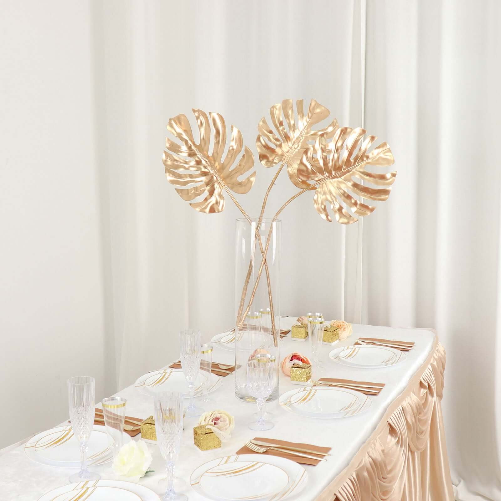 3 Pack 29" Metallic Gold Artificial Monstera Leaf Stems, Faux Palm Leaves, Tropical Floral Arrangements, Faux Plant Vase Filler