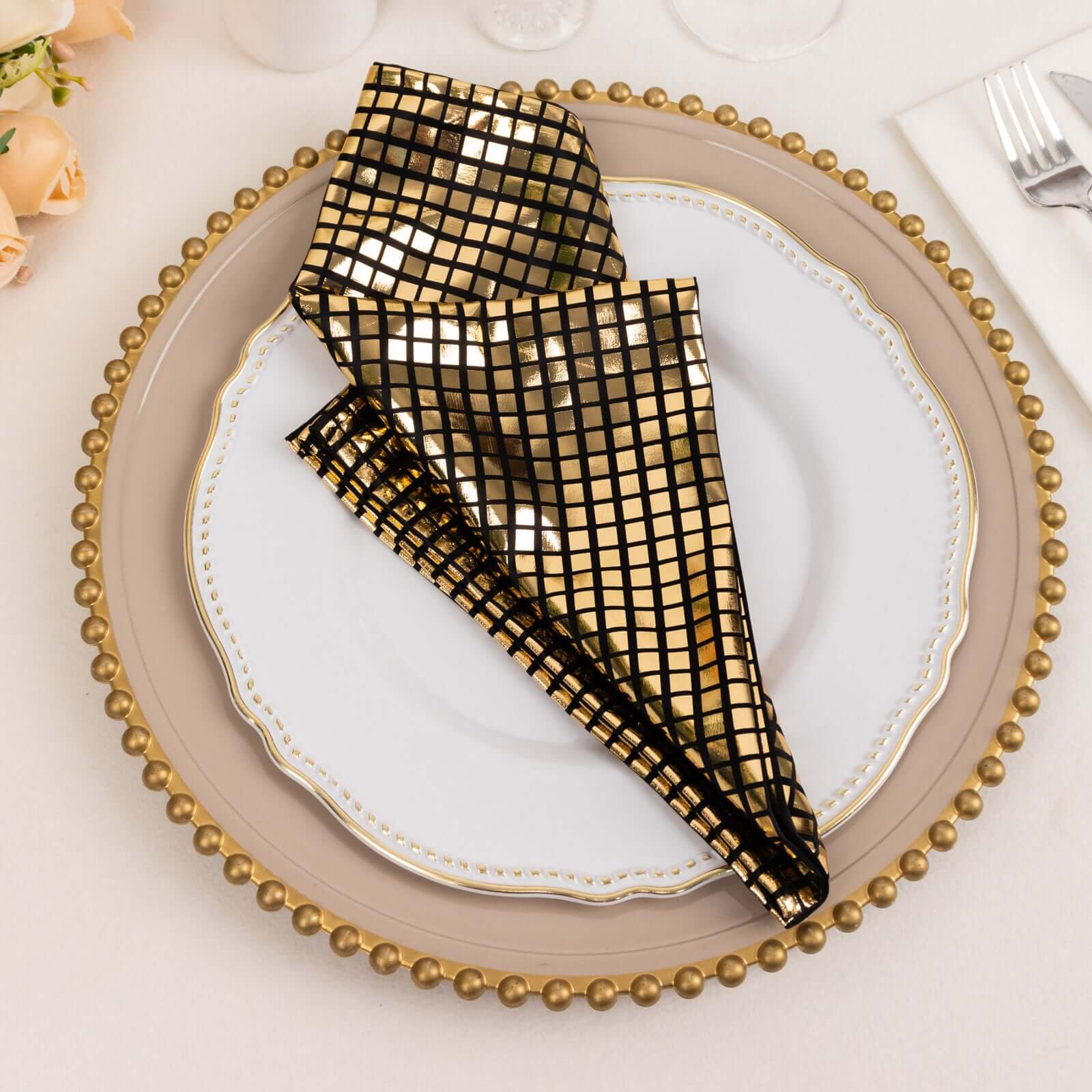 5 Pack Polyester 20"x20" Napkins Black with Refelective Gold Foil for Luxe Events & Retro Themes