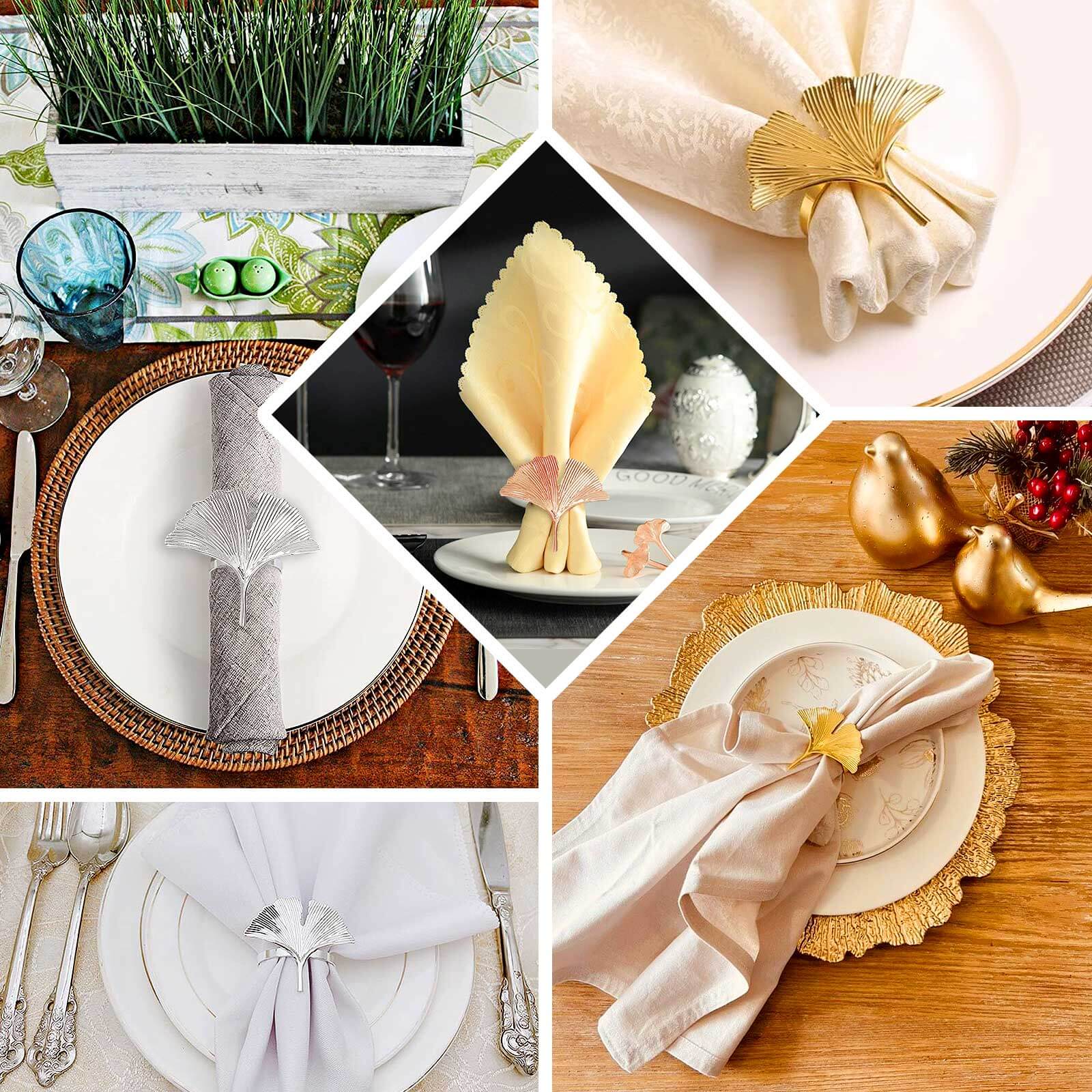 4 Pack Metallic Rose Gold Ginkgo Leaf Napkin Rings, Ornate Design Linen Napkin Holders