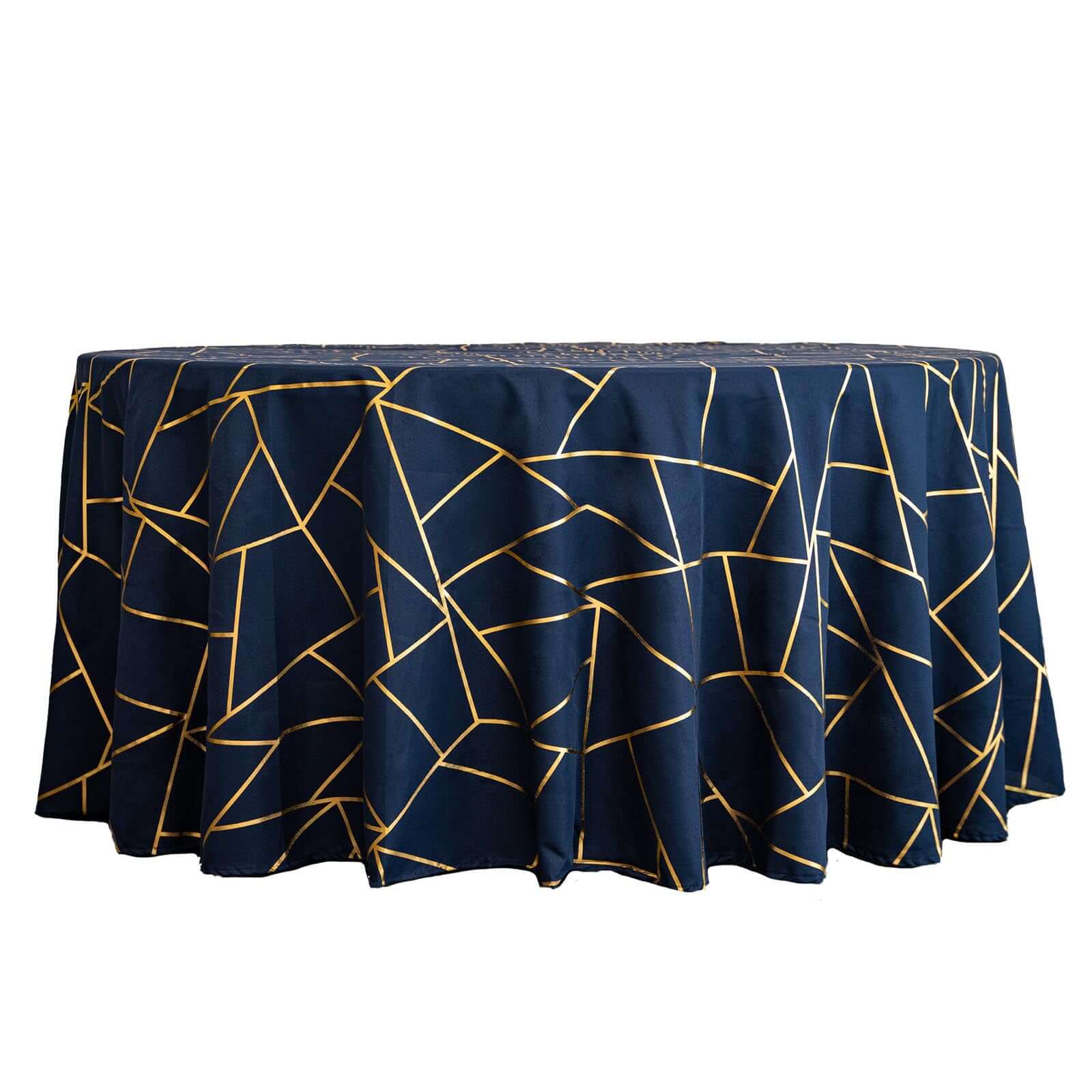 Polyester 120" Round Tablecloth Navy with Gold Foil Geometric Pattern Wrinkle-Resistant Seamless Table Cover