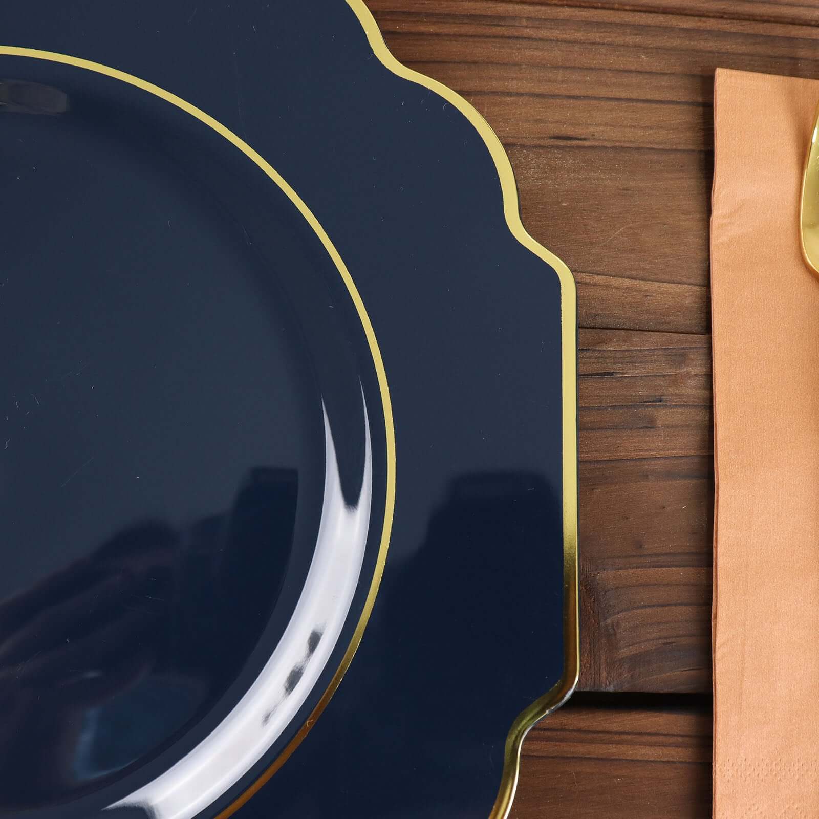10-Pack Plastic Dinner Plates in Navy Blue Baroque Design with Scalloped Gold Rim - Heavy Duty Disposable Party Plates 11"