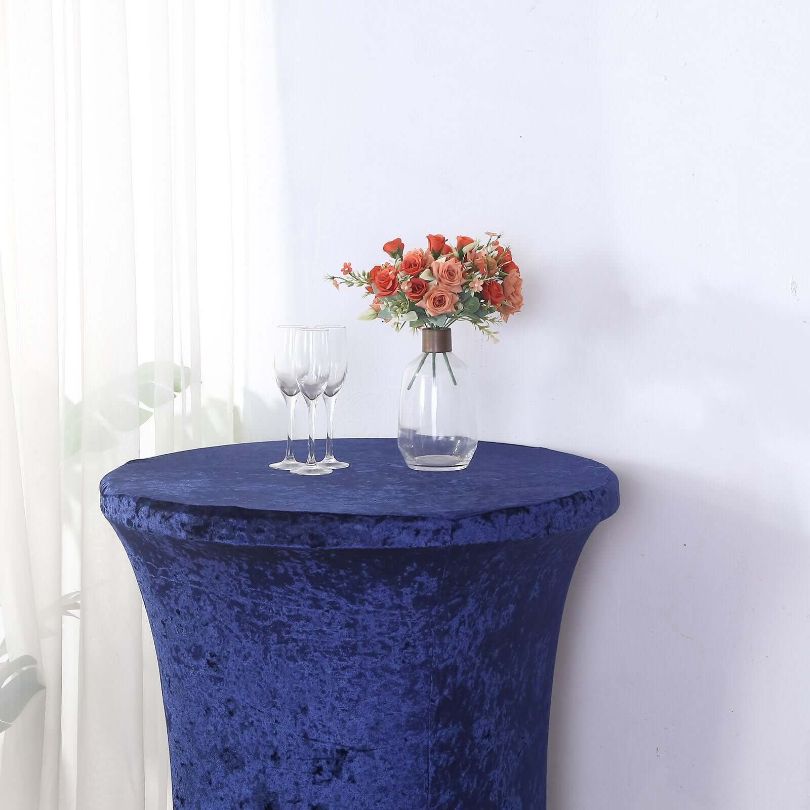 Crushed Velvet Spandex 32" Round Cocktail Table Cover Navy Blue Smooth Highboy Tablecloth