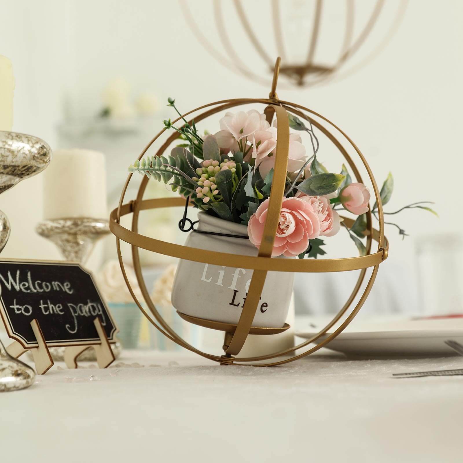 Hanging Sphere Candle Holder Gold Wrought Iron Open Frame Floral Display - Centerpiece Ball 12"