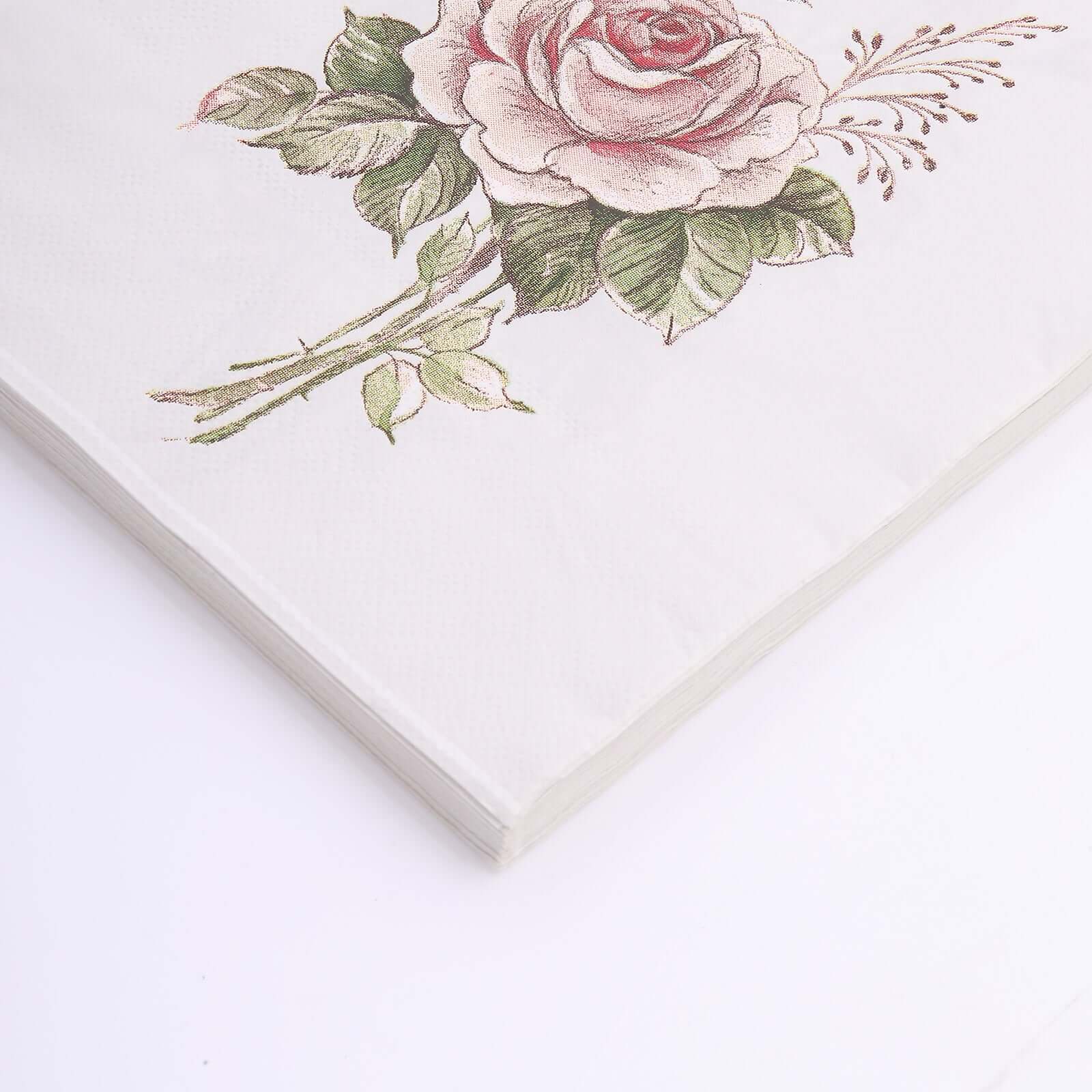 50-Pack Paper Beverage Napkins with Pink Floral Design Ivory - 2 Ply Soft 18GSM Rose Garden Wedding Napkins 6.5"x6.5"