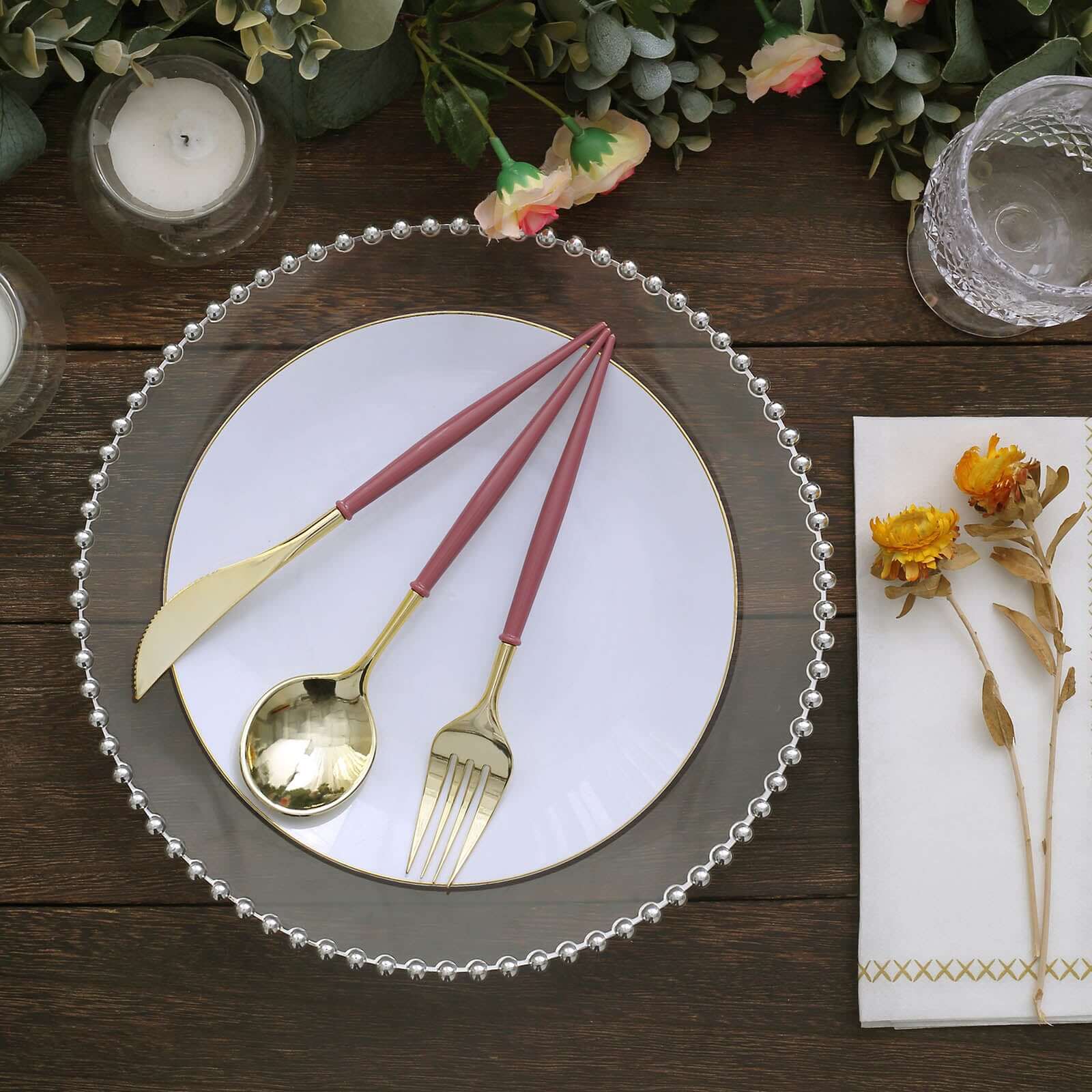 24 Pack 8" Metallic Gold With Cinnamon Rose Disposable Silverware Set, Modern Premium Plastic Utensil Set