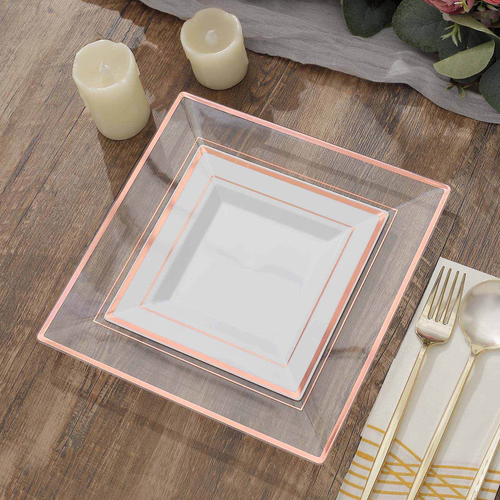 10-Pack Plastic Salad Dessert Plates White Square with Rose Gold Trim - Durable Disposable Appetizer Plates 7"