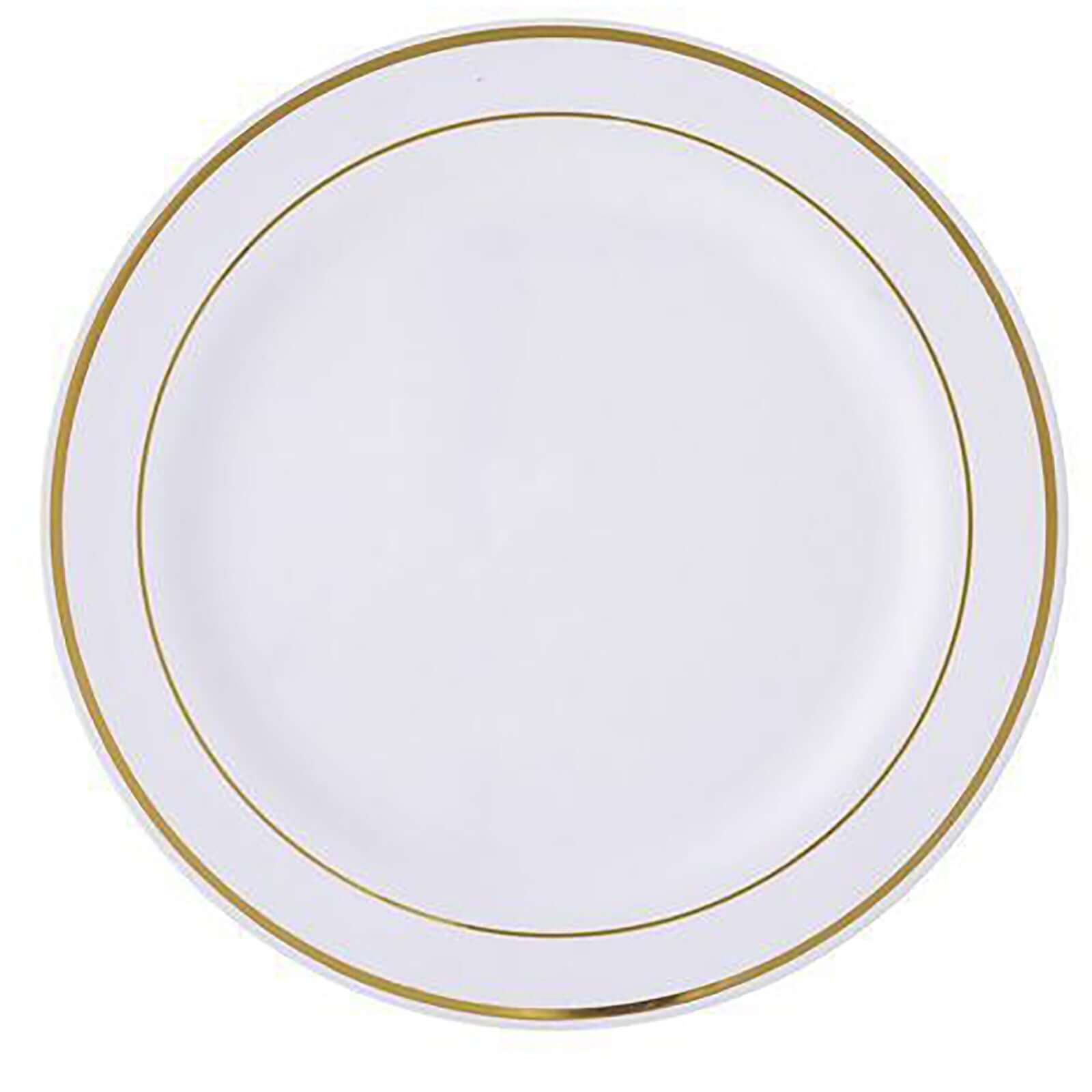 10-Pack Plastic Dessert Plates White with Très Chic Gold Rim - Disposable Plates for Appetizers 6"