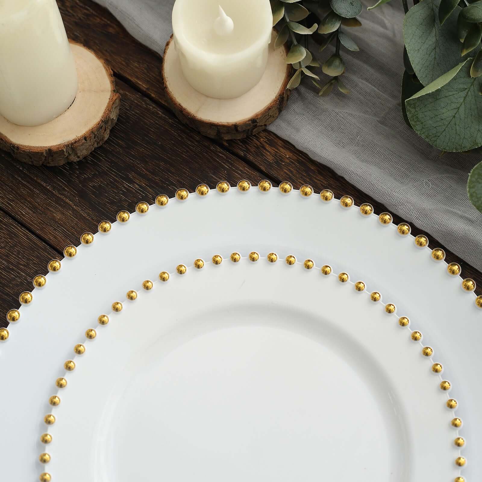 10-Pack White Plastic Dessert Plates – 8" Round with Gold Beaded Rim, Disposable for Parties & Events