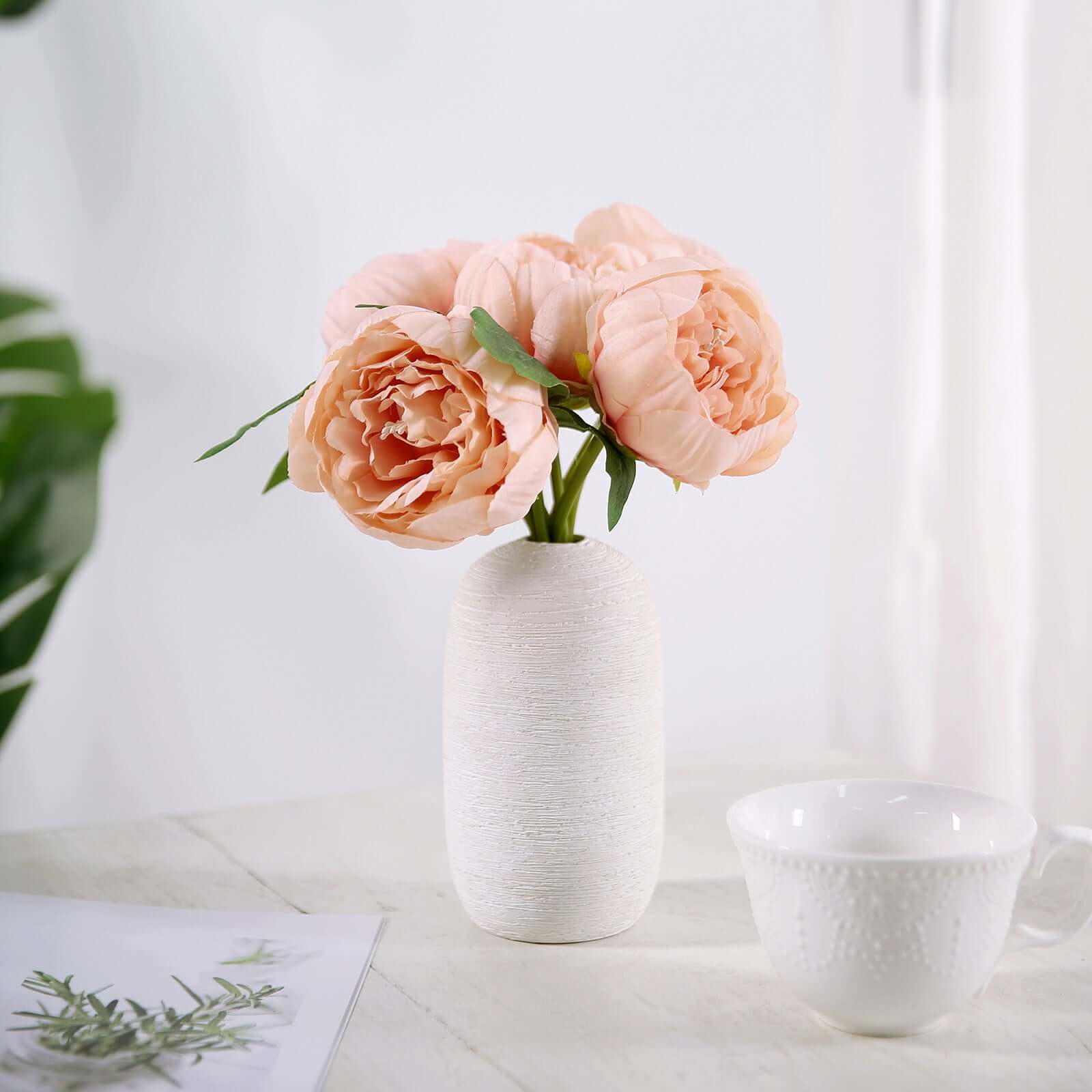 5 Flower Head Peach Peony Bouquet Artificial Silk Peonies Spray