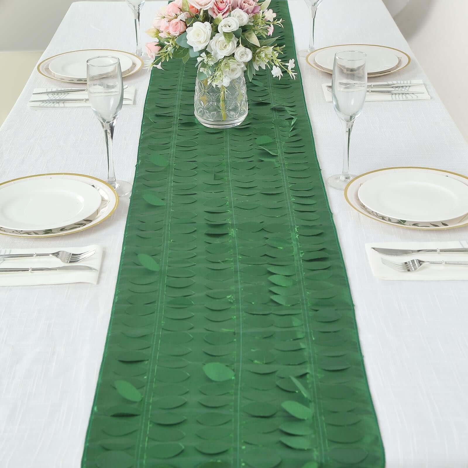 Taffeta Fabric 12"x108" Table Runner Green - 3D Leaf Petal Design