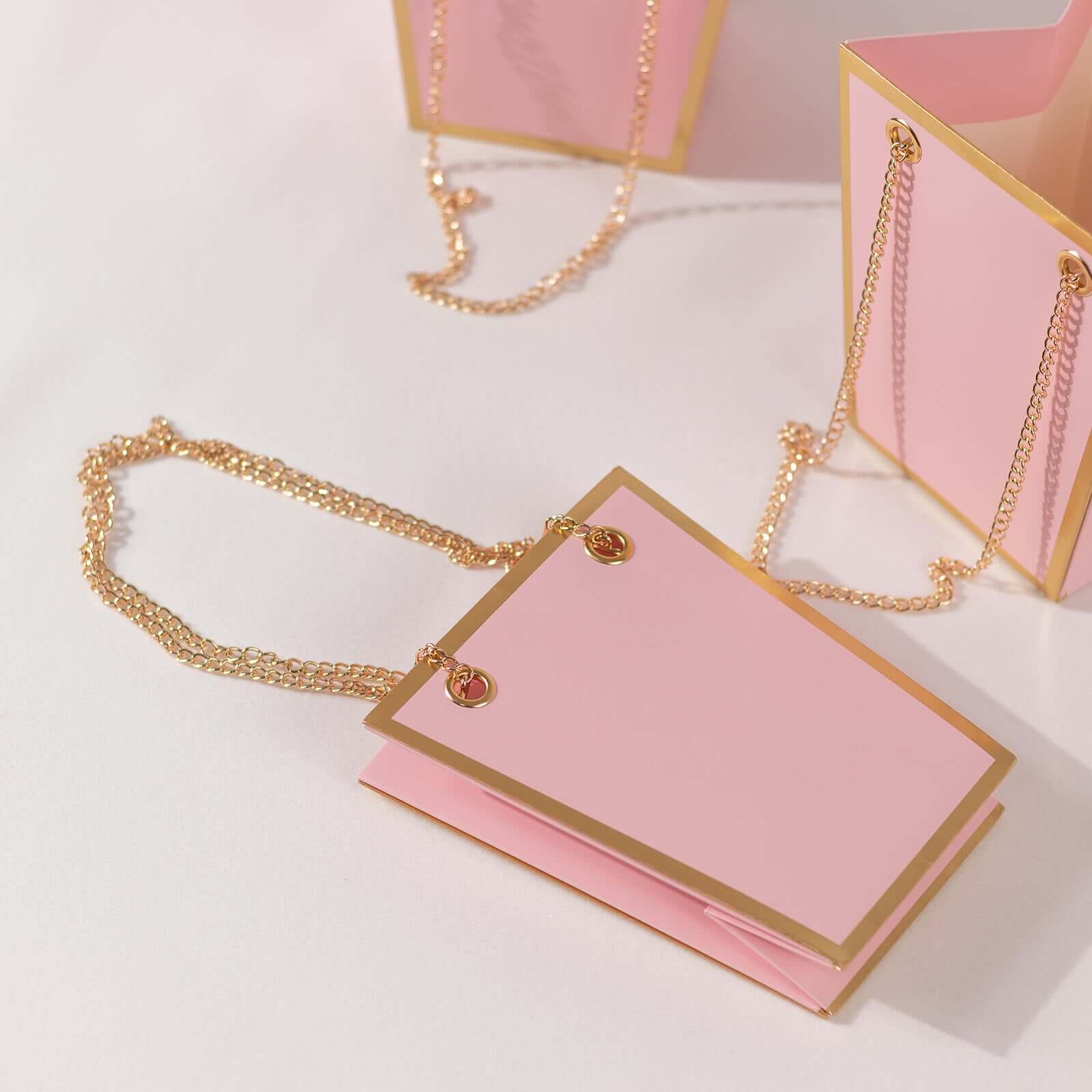 6 Pack Pink Gold Edge Paper Flower Gift Bags With Metal Chain Handles, Trapezoid Party Favor Tote Bags - 5"x6"