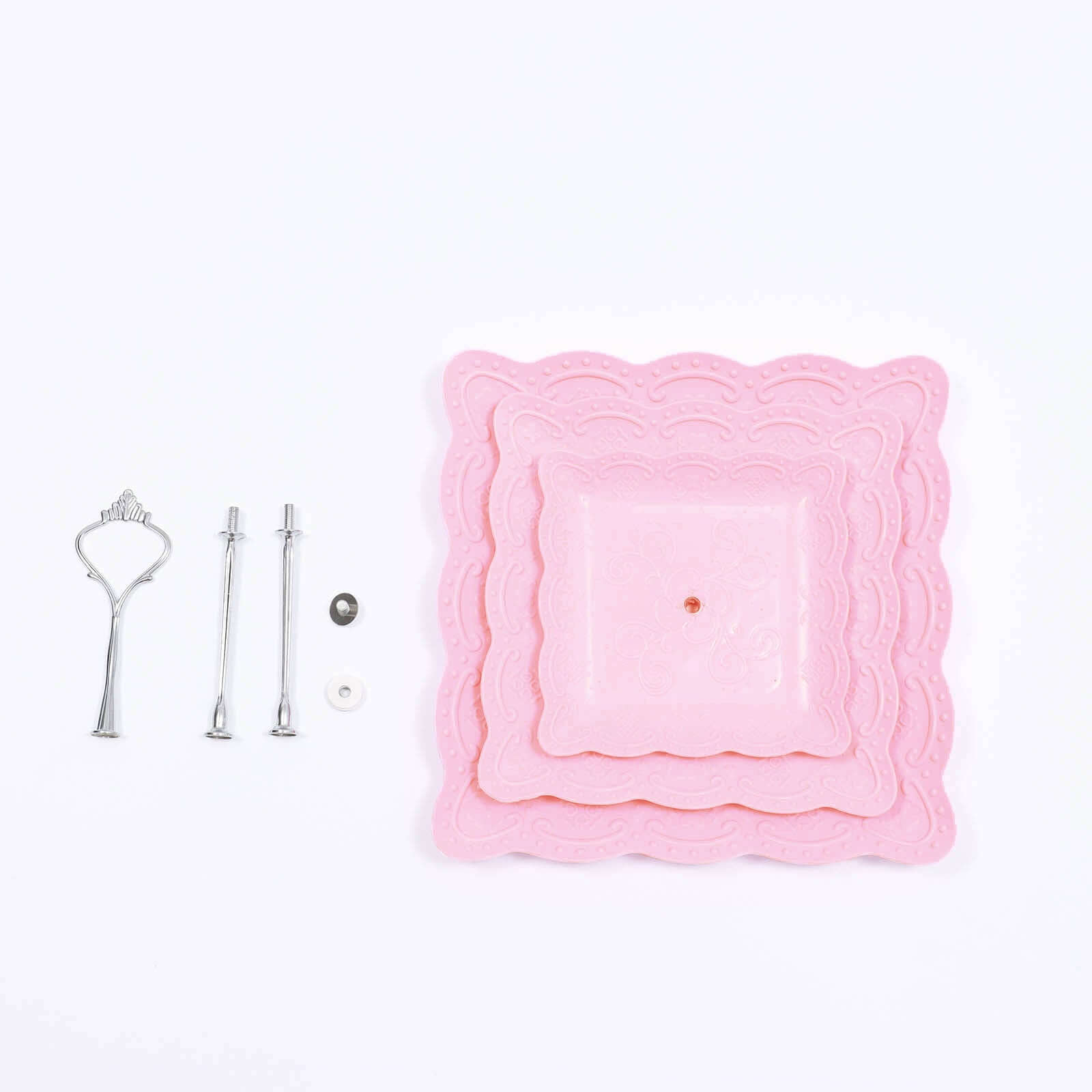 3-Tier Plastic Square Cupcake Stand Tower Pink - Charming Easy to Assemble Dessert Display Serving Tray Platter with Floral Embossed Scalloped Rim & Silver Handle for Tea Parties Weddings & Special Occasions 13"