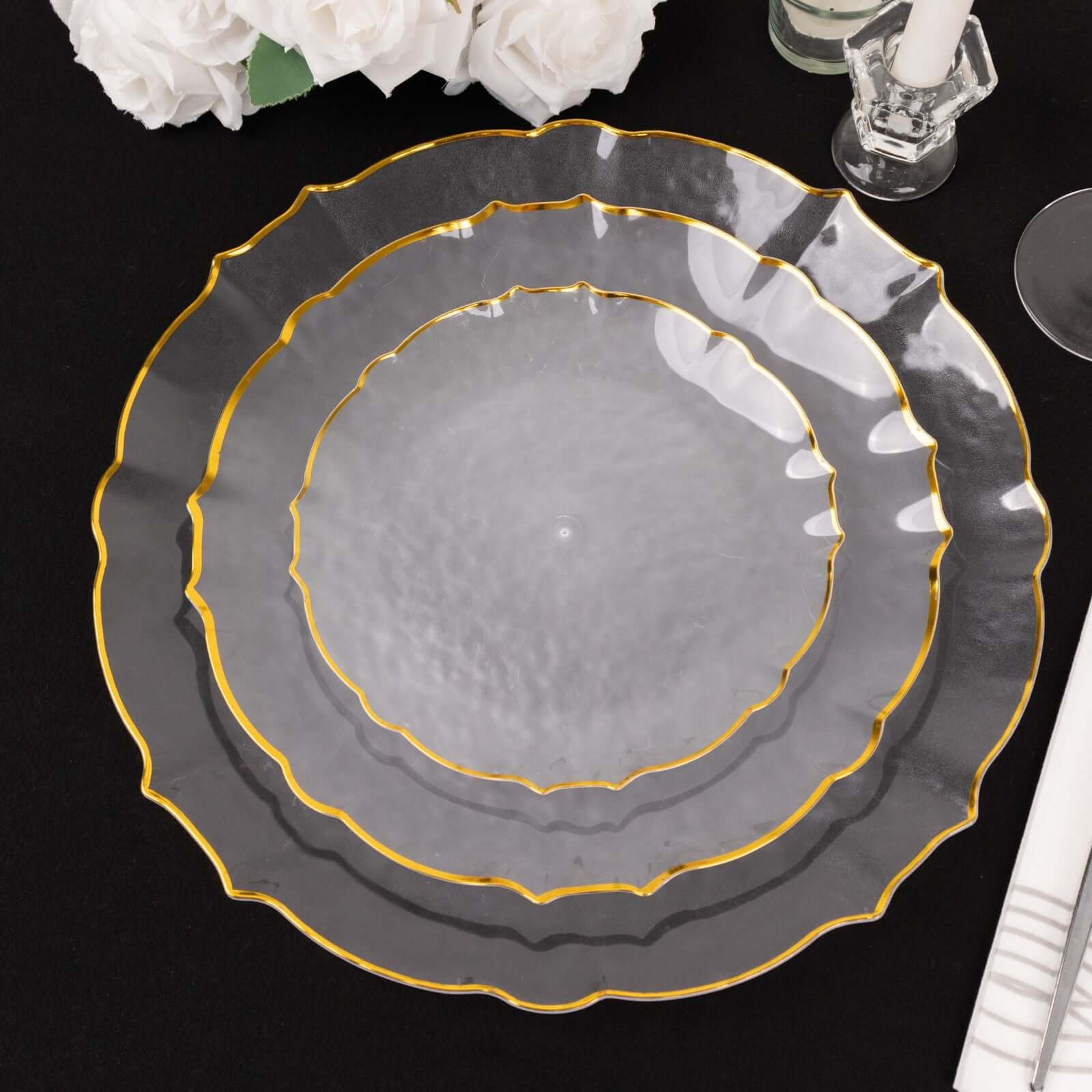 18 Pack Economy Plastic Round Charger Plates 13" in Clear Sunflower Design with Gold Scalloped Rim - Table Setting Plates