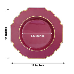10-Pack Plastic Dinner Plates in Burgundy Baroque Design with Scalloped Gold Rim - Heavy Duty Disposable Party Plates 11"