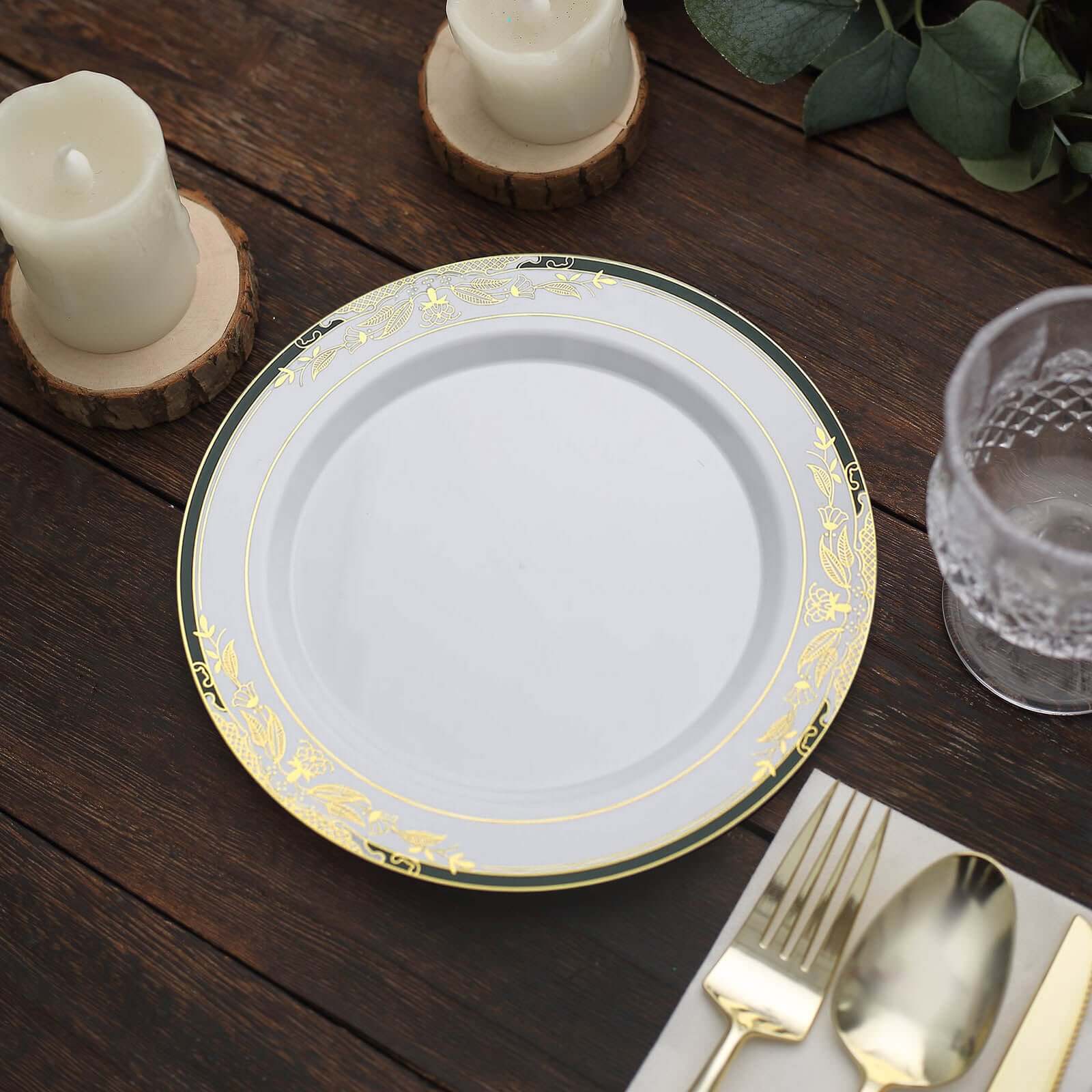 10-Pack Plastic 8" Round Dessert Plates in White with Hunter Emerald Green Rim - Stylish Gold Vine Design Disposable Salad/Appetizer Plates for Special Occasions & Celebrations