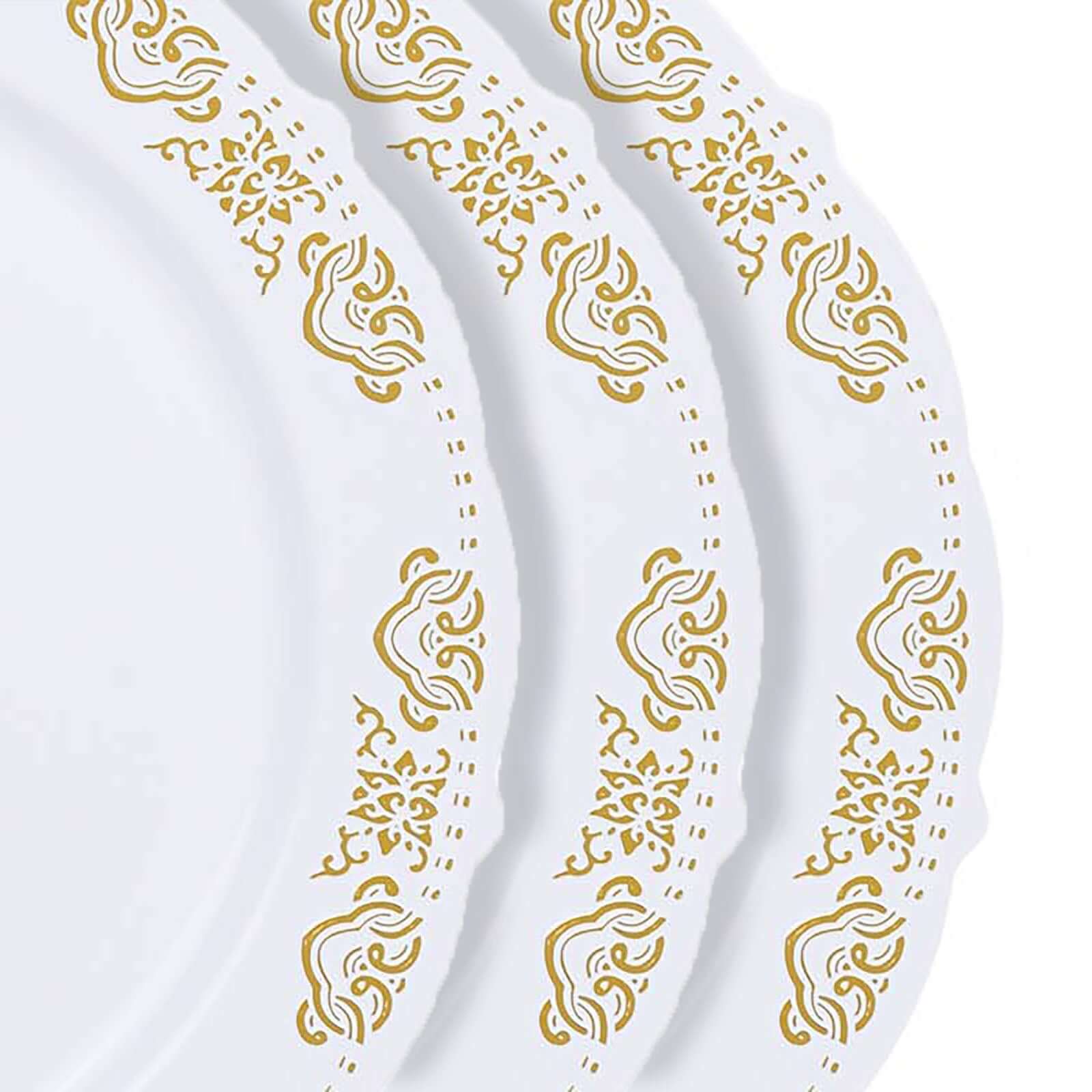 10-Pack Plastic 7.5" Round Appetizer Plates in White with Gold Embossed Scalloped Edge - Chic Disposable Salad Plates for Special Occasions & Banquets