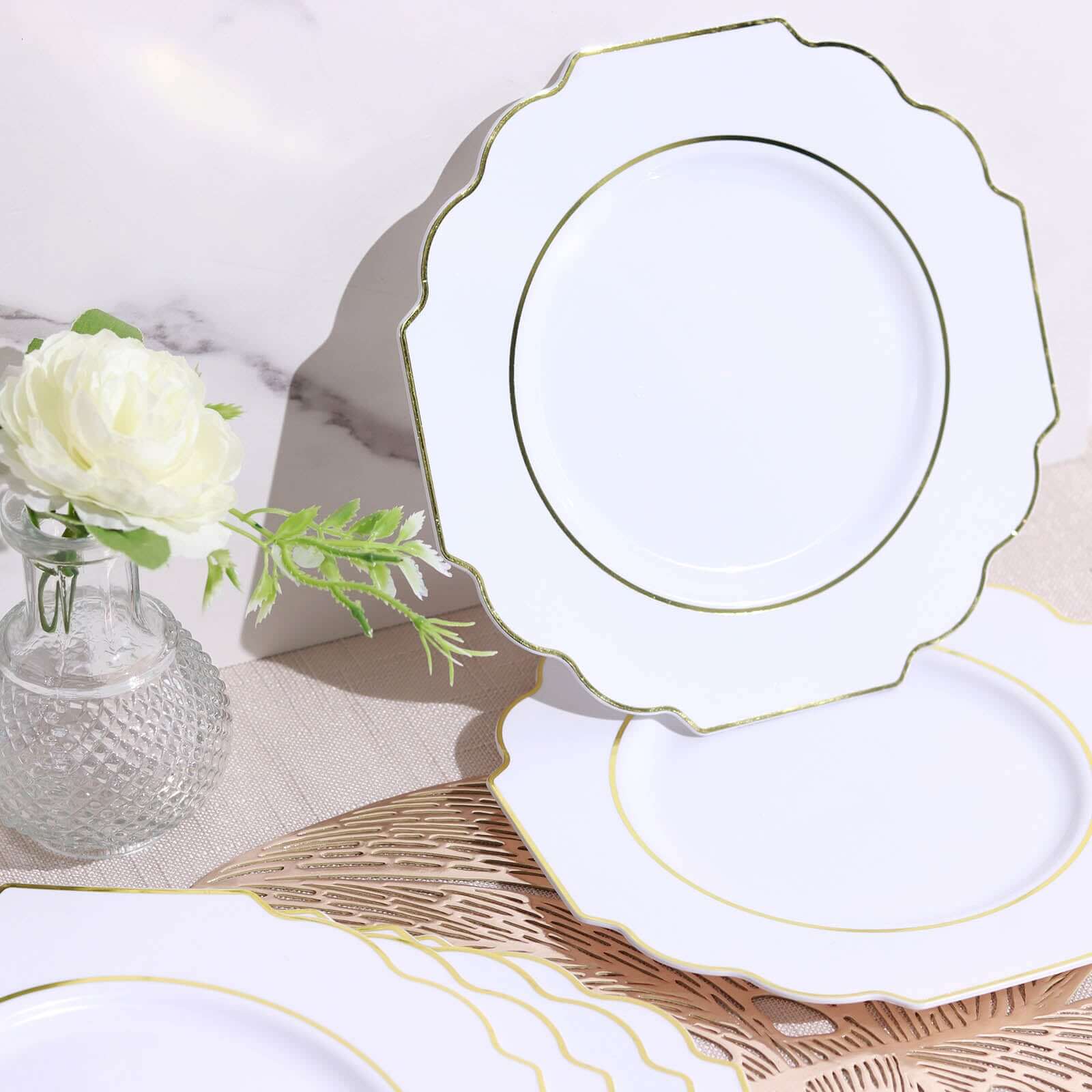 10-Pack Plastic Dessert Appetizer Plates in White Baroque Design with Scalloped Gold Rim - Heavy Duty Disposable Salad Plates for Formal Events & Banquets 8"
