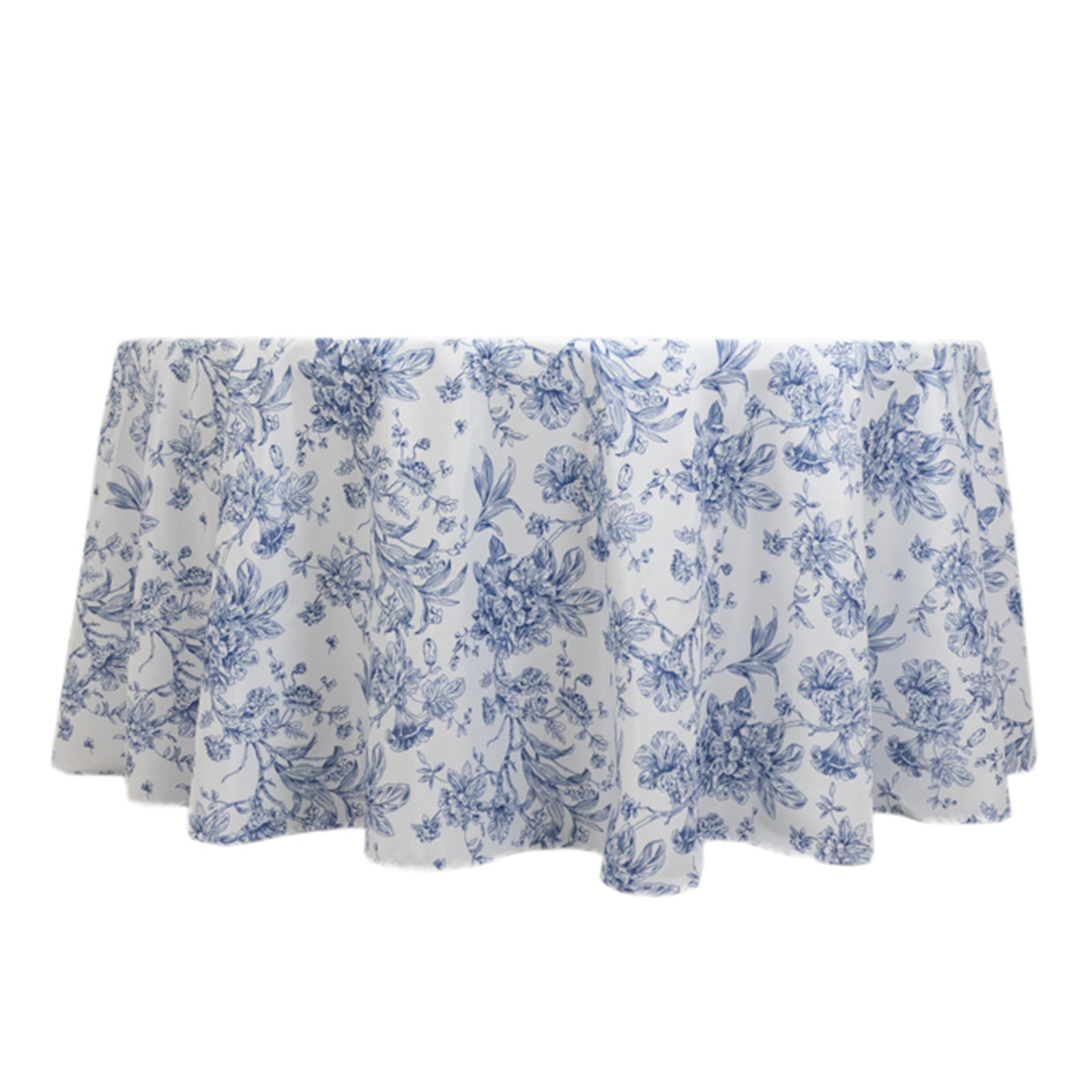Polyester 120" Round Tablecloth White - Blue French Toile Pattern for Chic Weddings