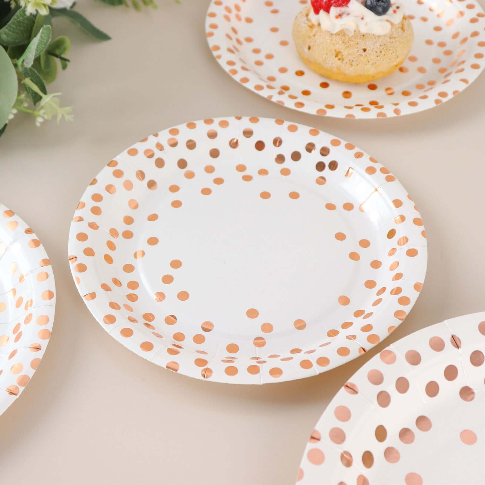 25 Pack 7" White Rose Gold Polka Dot Dessert Appetizer Paper Plates, Disposable Salad Party Plates - 300 GSM