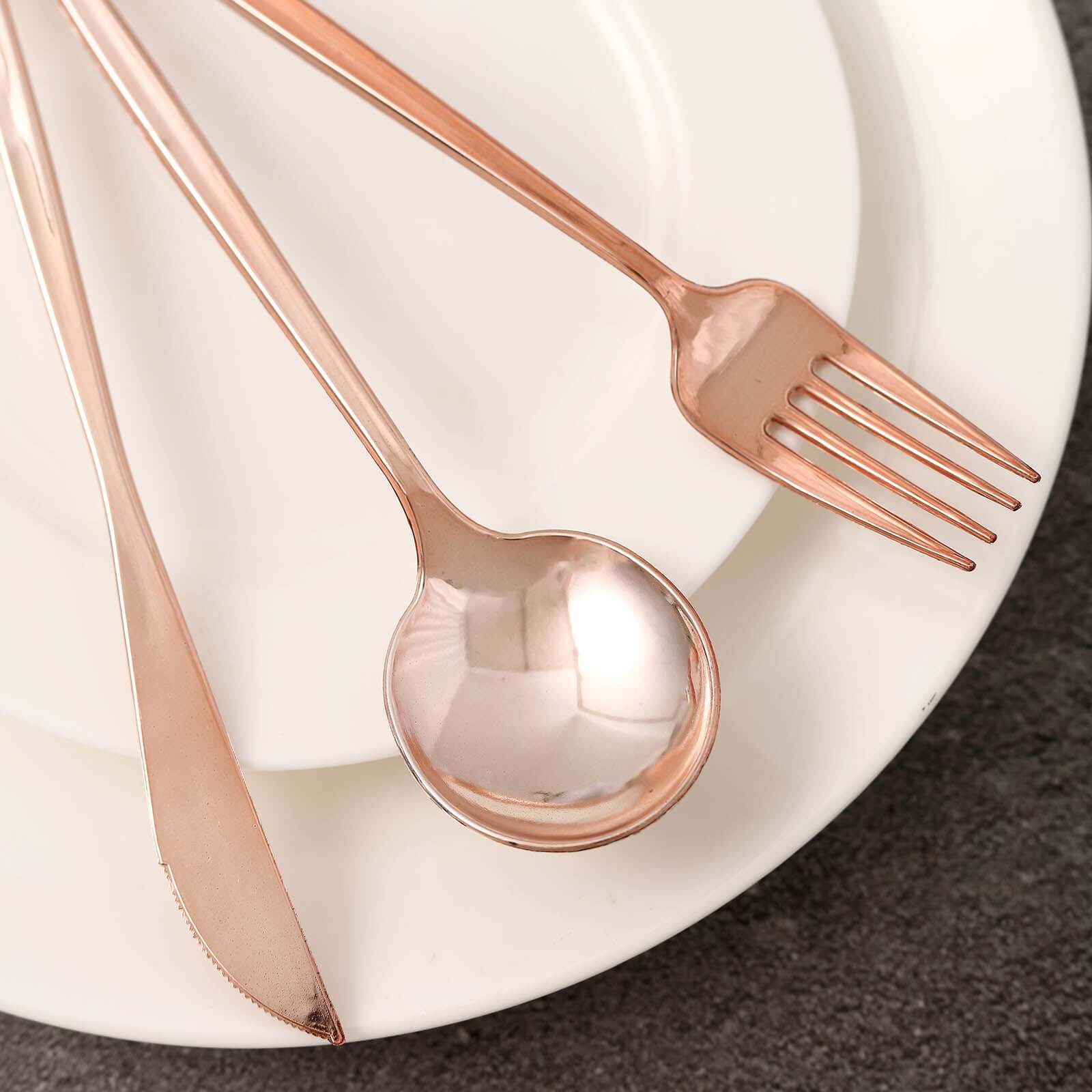24-Pack Plastic Flatware Set with Sleek Modern Design Rose Gold - Premium Disposable Silverware 8"