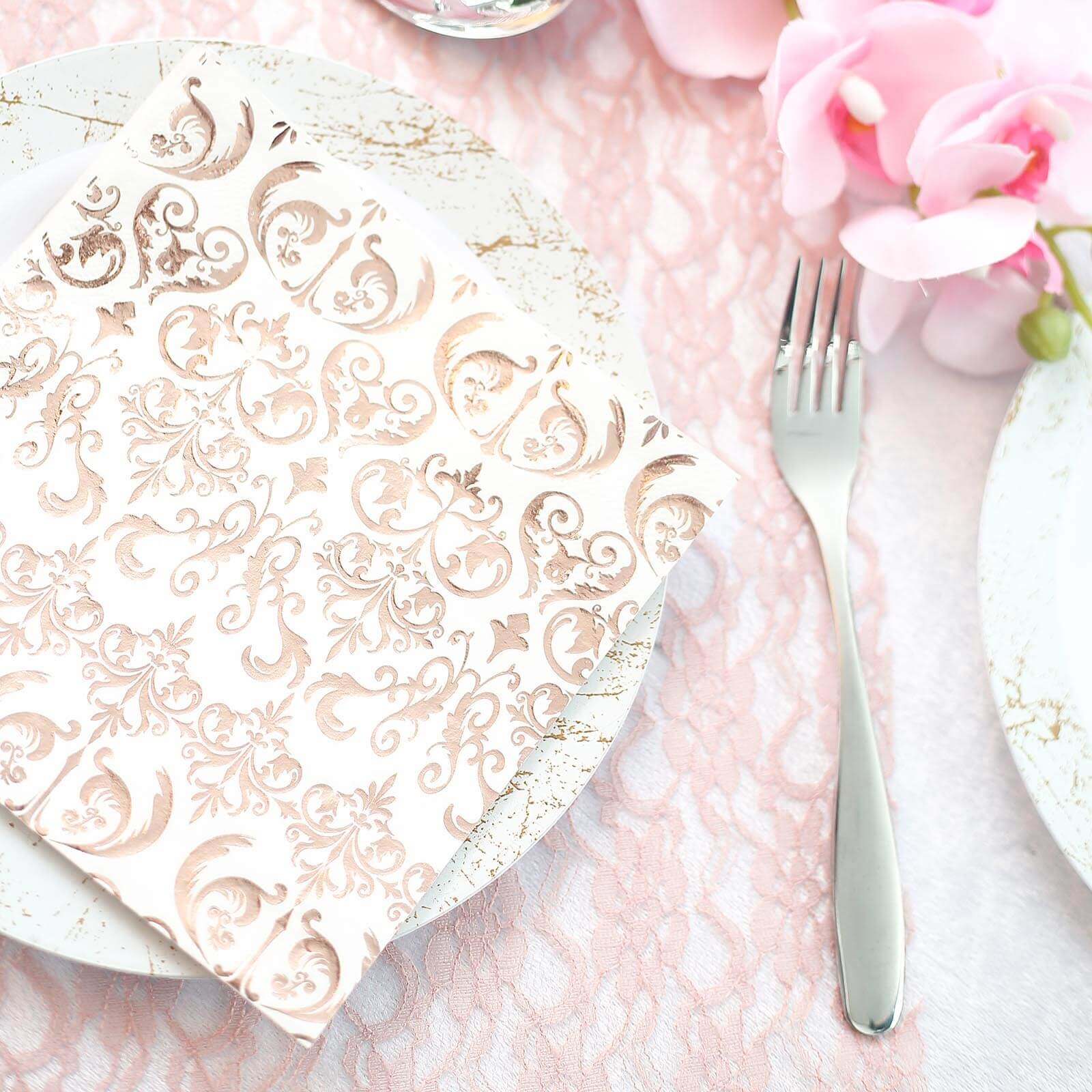 20-Pack Paper Dinner Napkins with Vintage Print Metallic Rose Gold - Disposable 3 Ply Cocktail Napkins for Weddings