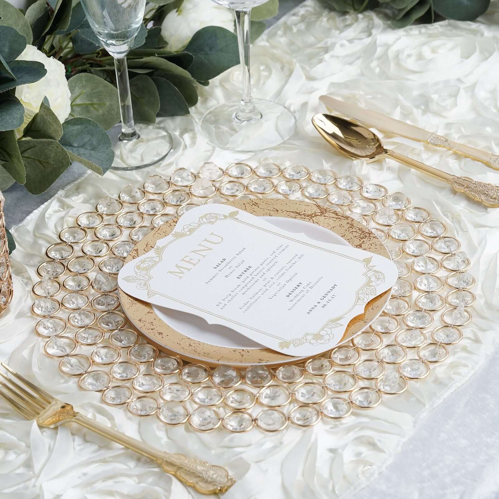 Wired Metal Round Charger Plate 14" in Gold with Acrylic Crystal Beads, Glamorous Decorative Dinner Charger Tableware