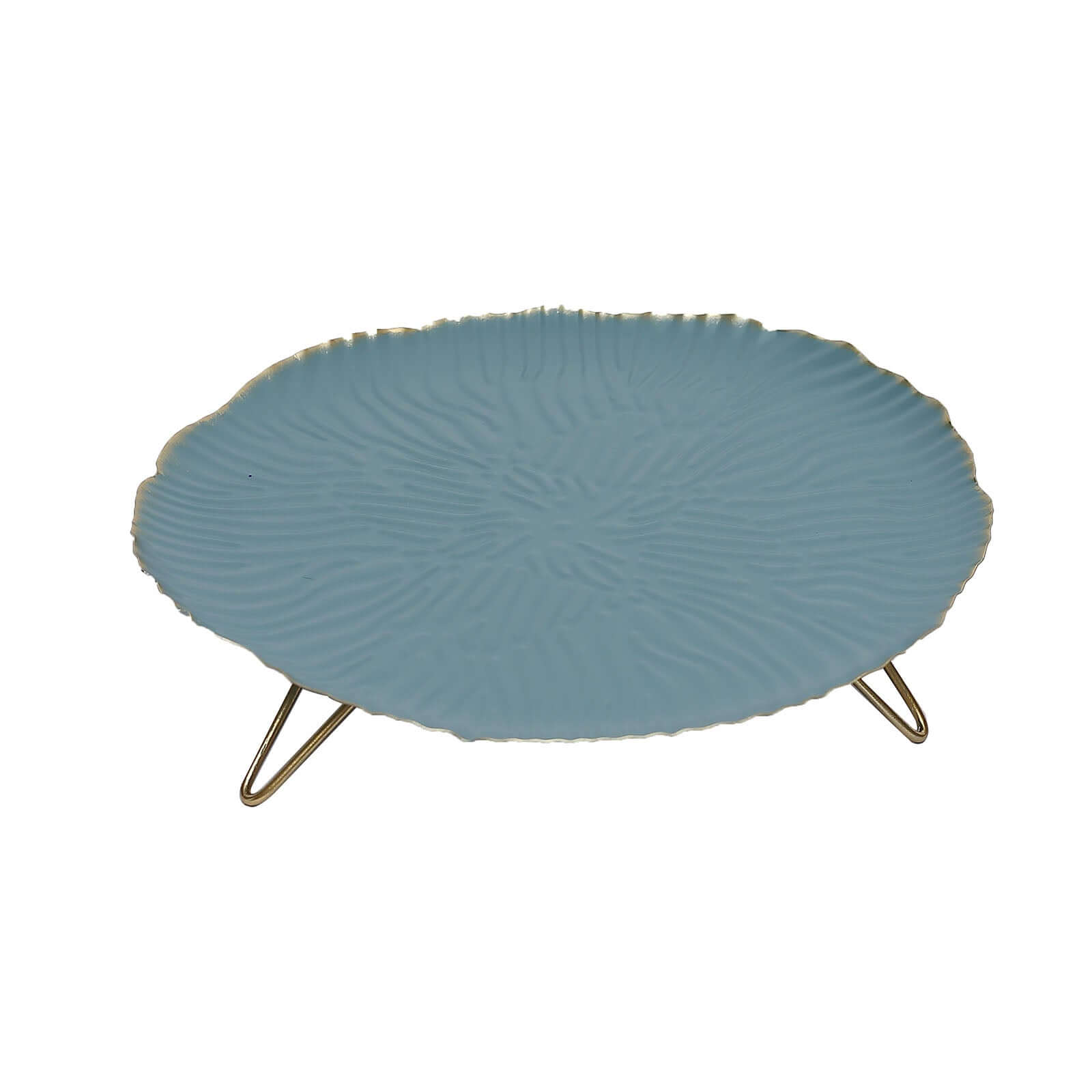 Metal Round Serving Tray 12" in Dusty Blue Floral Pattern with Gold Wavy Rim, Pedestal Dessert Display with Hairpin Legs
