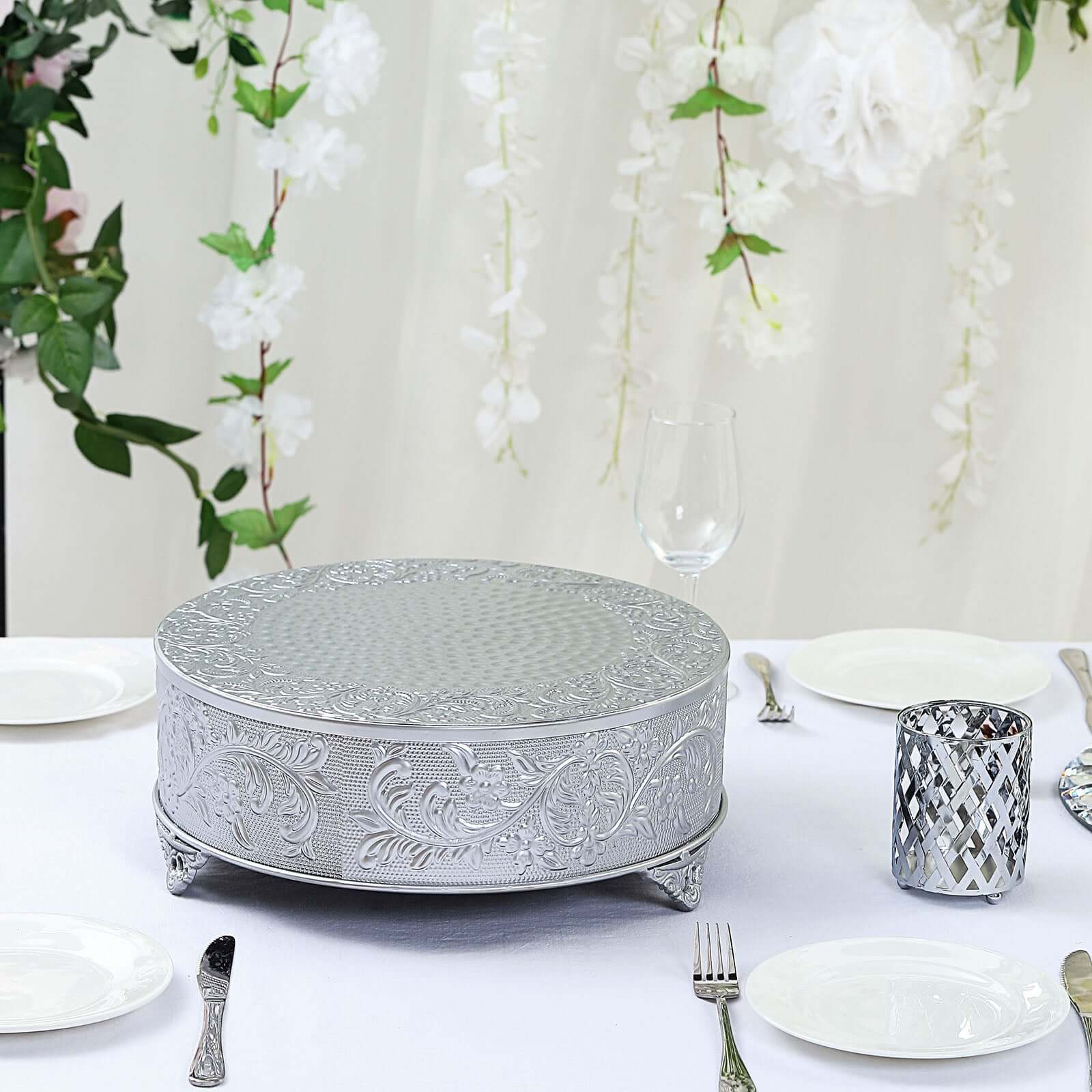 Metal 14" Round Cake Pedestal Stand Matte Silver - Cupcake Dessert Display Riser with Intricate Embossed Design for Upscale Events & Gatherings