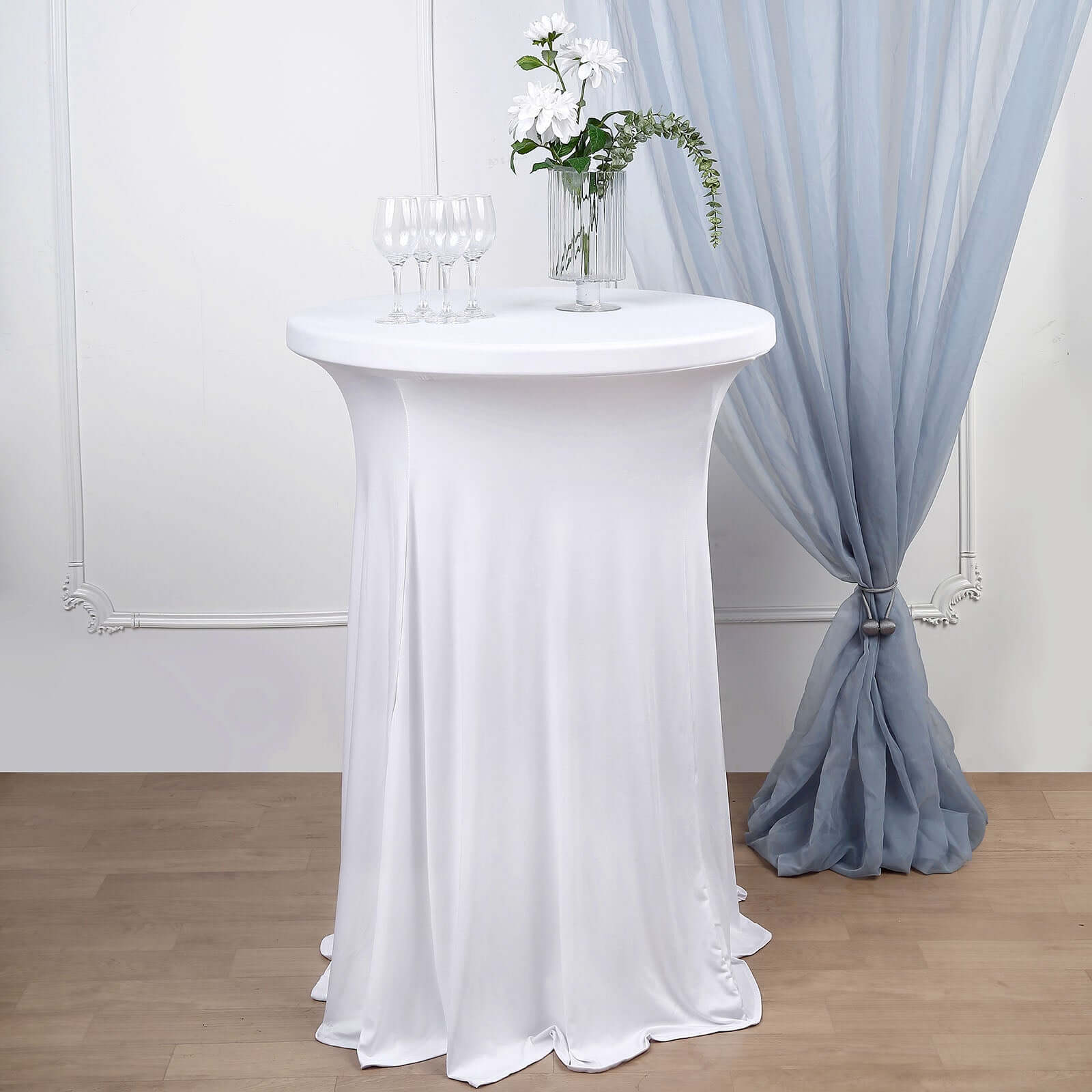 Spandex 32" Round Cocktail Table Cover Skirt White With Natural Wavy Drapes - Stylish & Sophisticated Event Decor