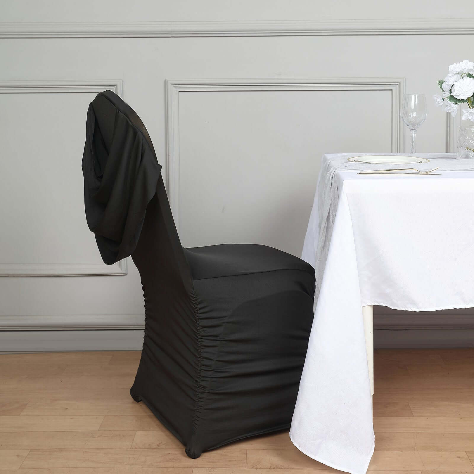 Spandex Chair Cover with Ruched Swag Back and Foot Pockets for Banquet Chairs Black - Fitted Slipcover