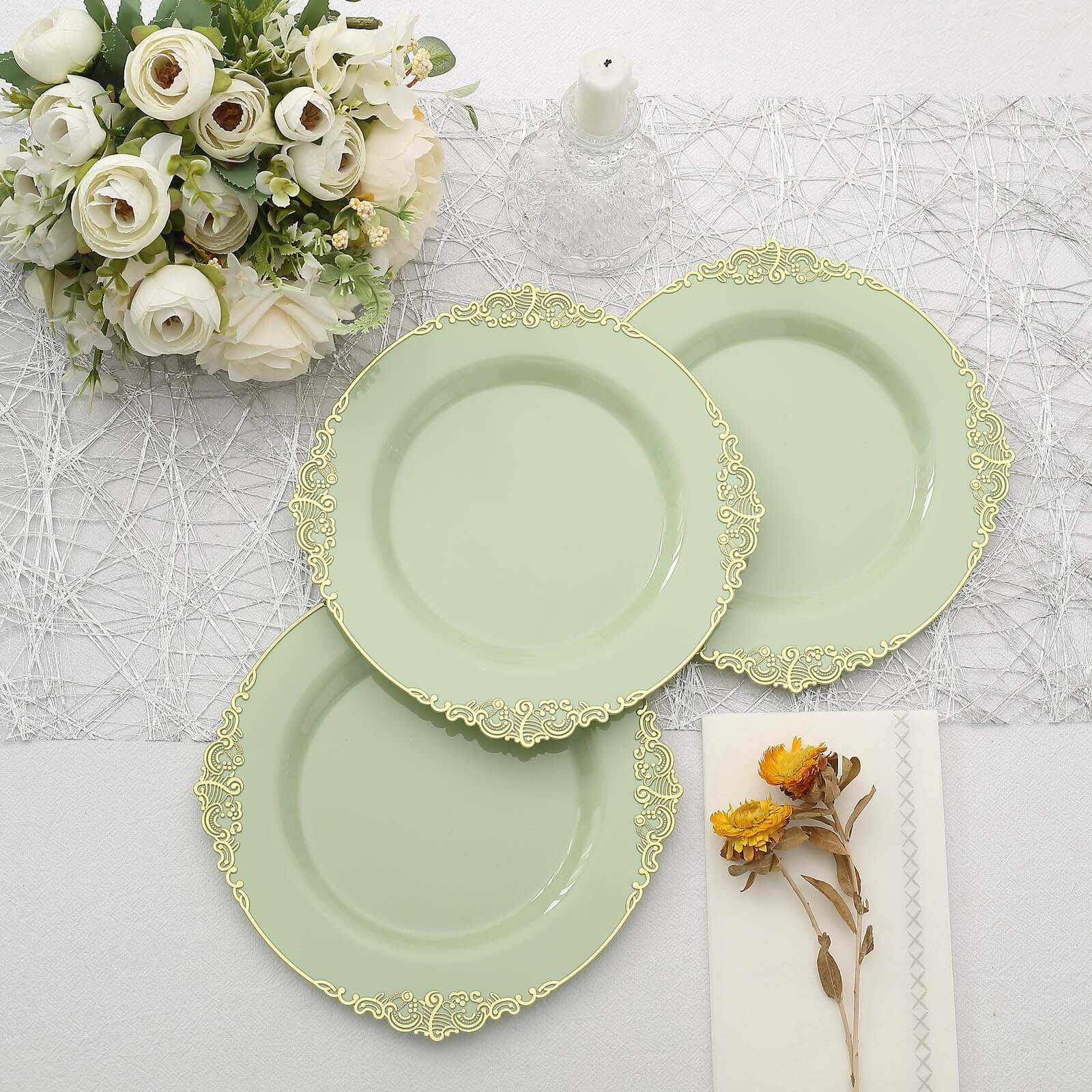 10-Pack Plastic 8" Round Dessert Plates in Sage Green with Gold Leaf Embossed Rim - Disposable Vintage Baroque Style Salad Plates