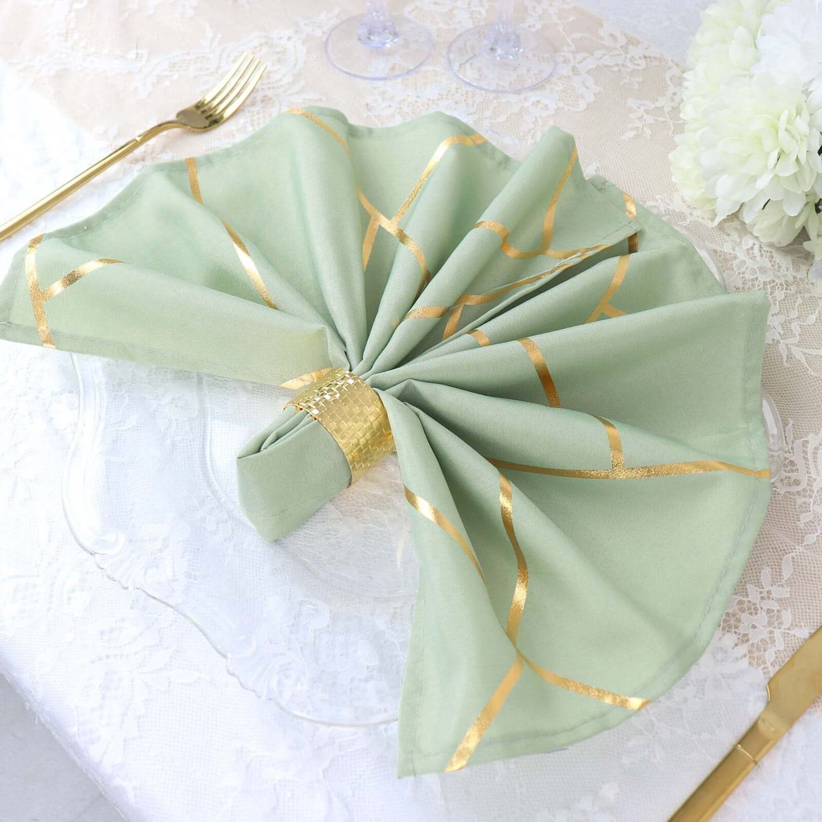 5 Pack Polyester 20"x20" Napkins Sage Green with Gold Geometric Foil Pattern - Modern Reusable Dinner Napkins