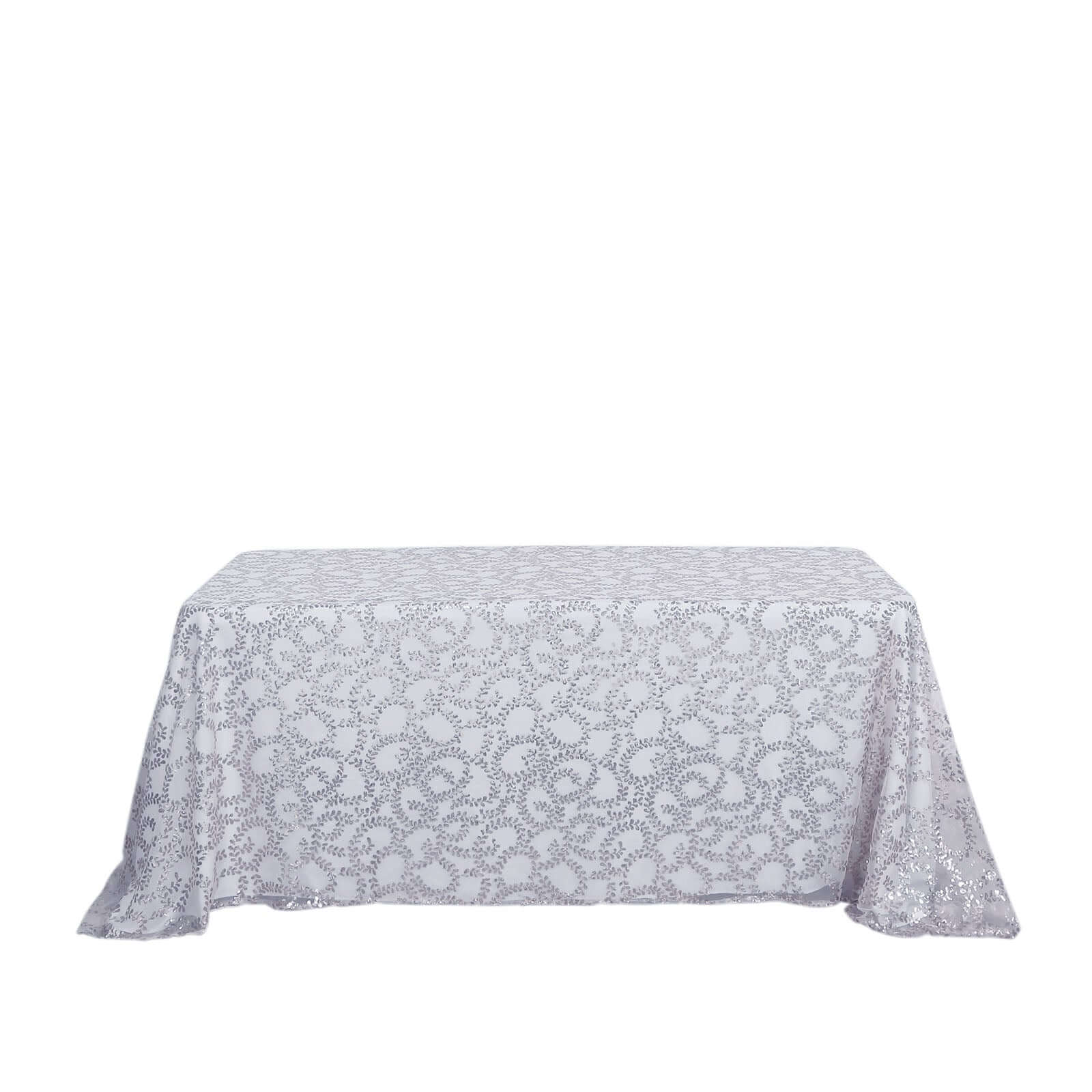 Tulle 90"x156" Rectangle Tablecloth Silver - Sequin Leaf Embroidered Table Cover