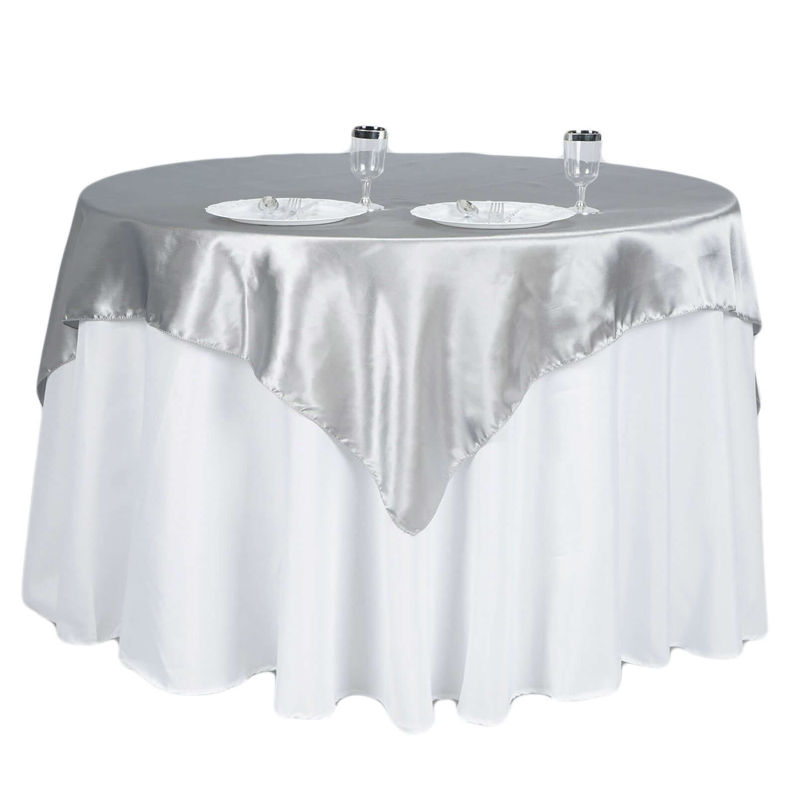 Satin 60"x60" Table Overlay Square Tablecloth Silver - Smooth Silky Touch Table Cover