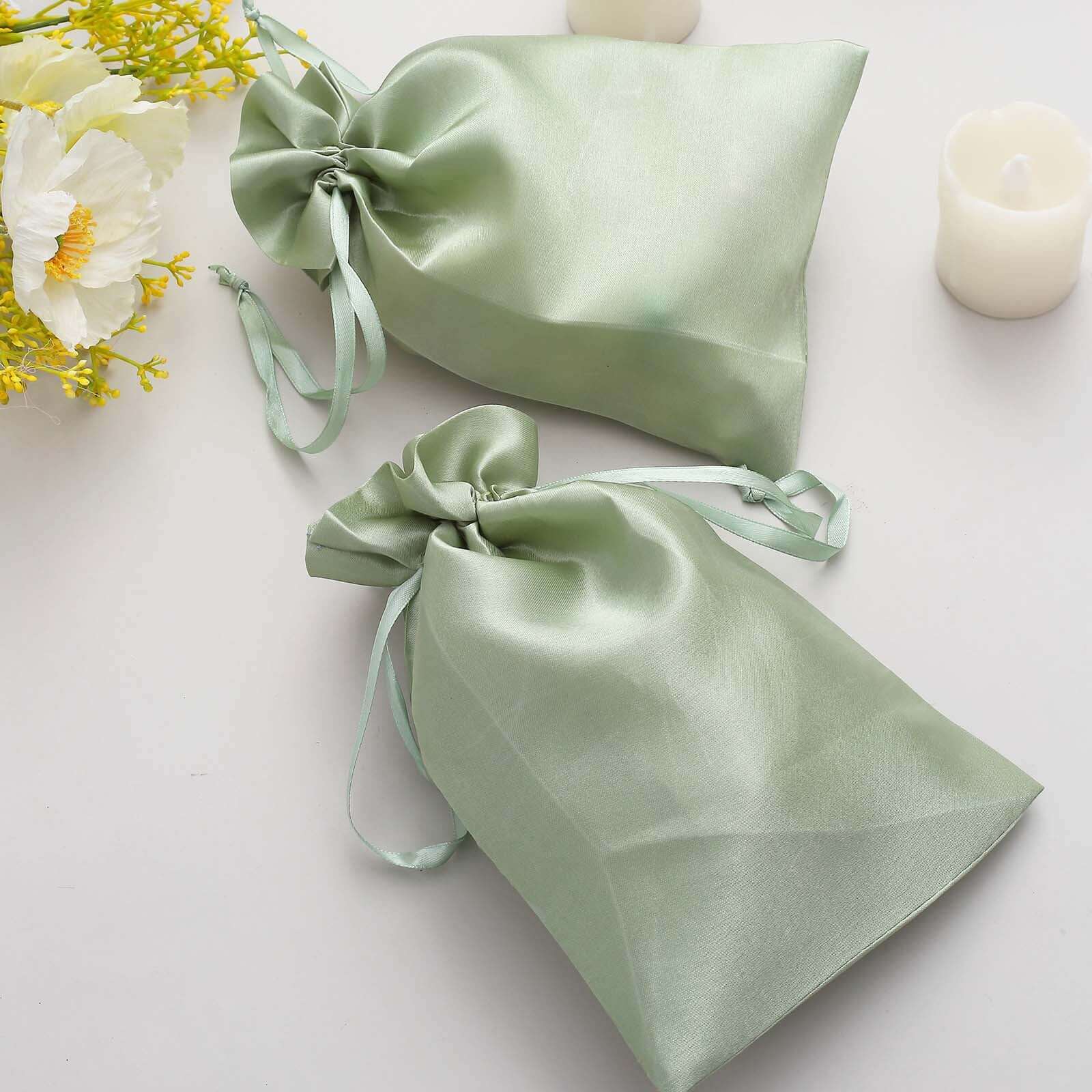12 Pack 6"x9" Sage Green Satin Wedding Party Favor Bags, Drawstring Pouch Gift Bags