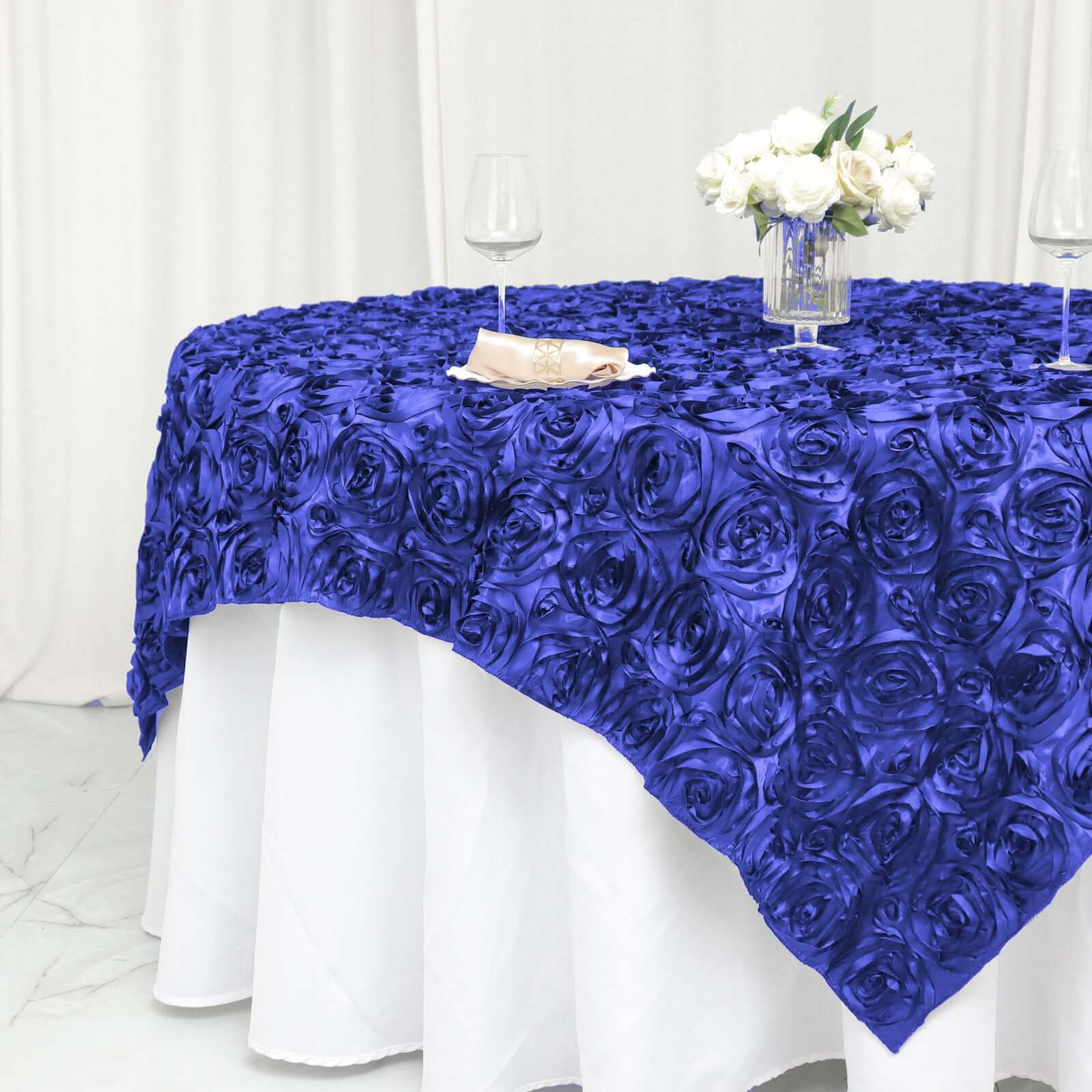 Satin 72"x72" Table Overlay Square Tablecloth Royal Blue - 3D Rosette Table Cover