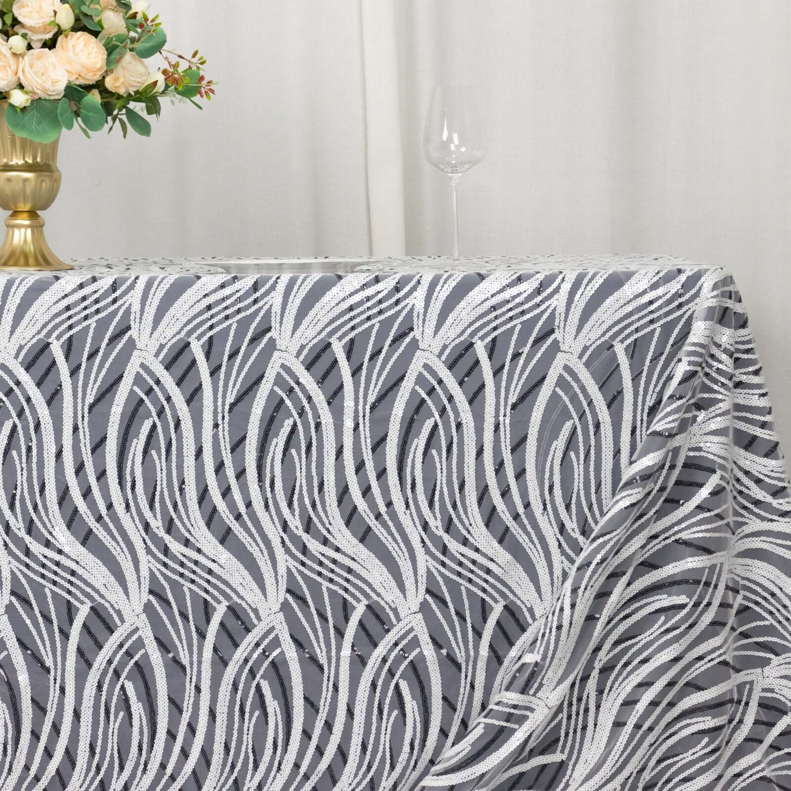Mesh 90"x156" Rectangle Tablecloth White Black - Wave Sequin Embroidered Table Cover