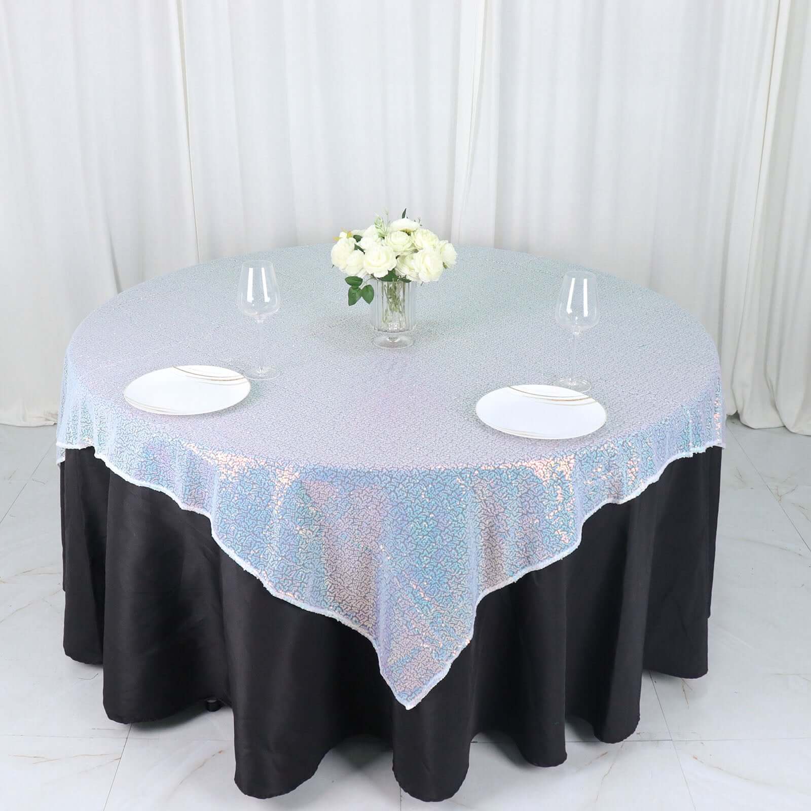 Sequin 60"x60" Table Overlay Square Tablecloth Irisdescent Blue - Luxe Wedding Table Topper