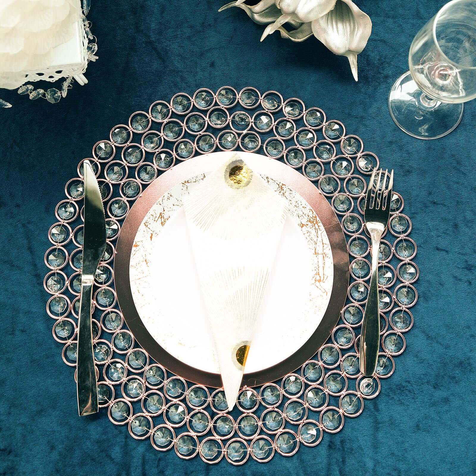 Wired Metal Round Charger Plate 14" in Rose Gold with Acrylic Crystal Beads, Glamorous Decorative Dinner Charger Tableware